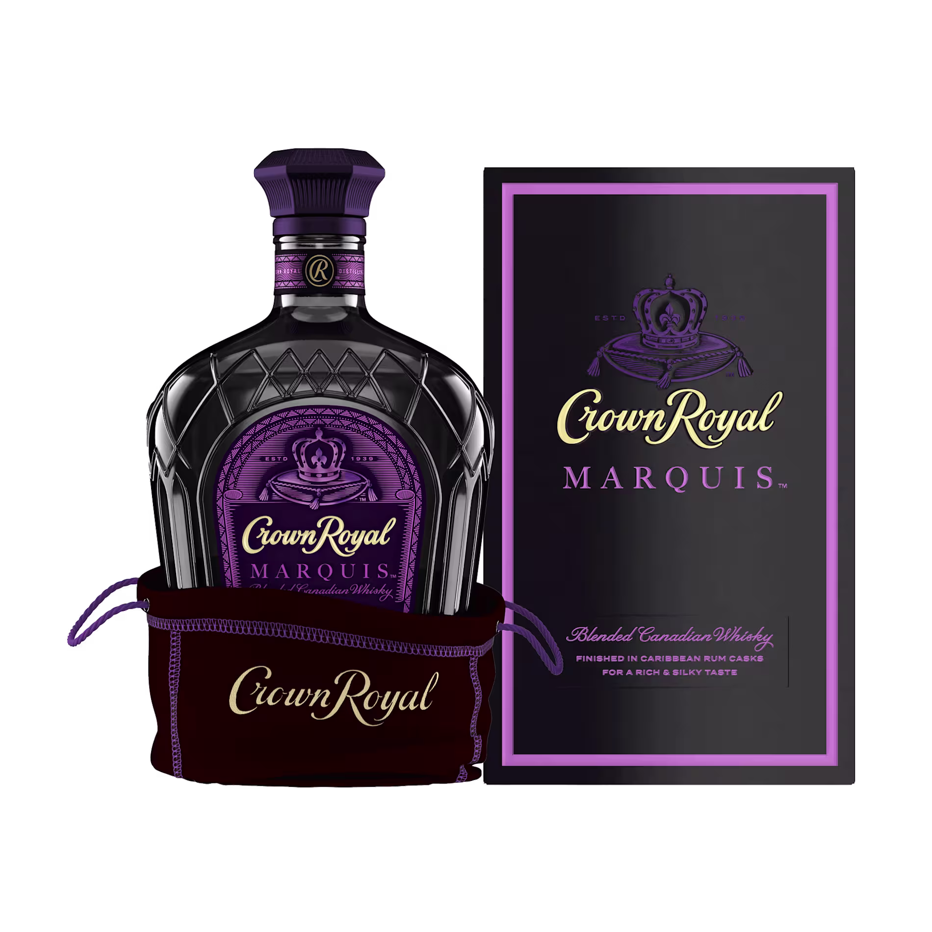 A bottle of Crown Royal Marquis whisky in a purple pouch is displayed next to its matching purple and gold box.