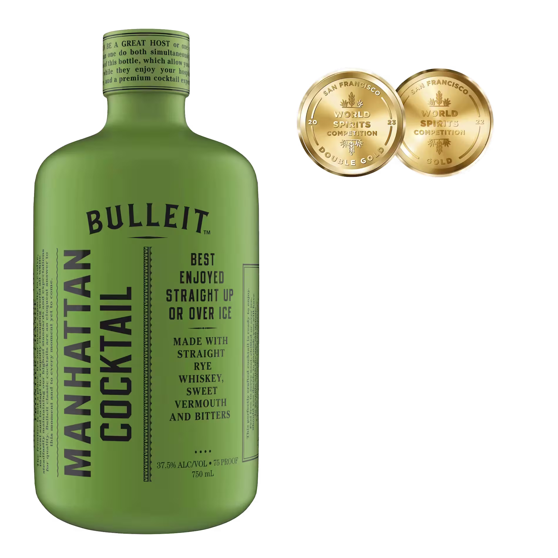 A green bottle labeled Bulleit Manhattan Cocktail stands next to two gold award medals from the San Francisco World Spirits Competition.