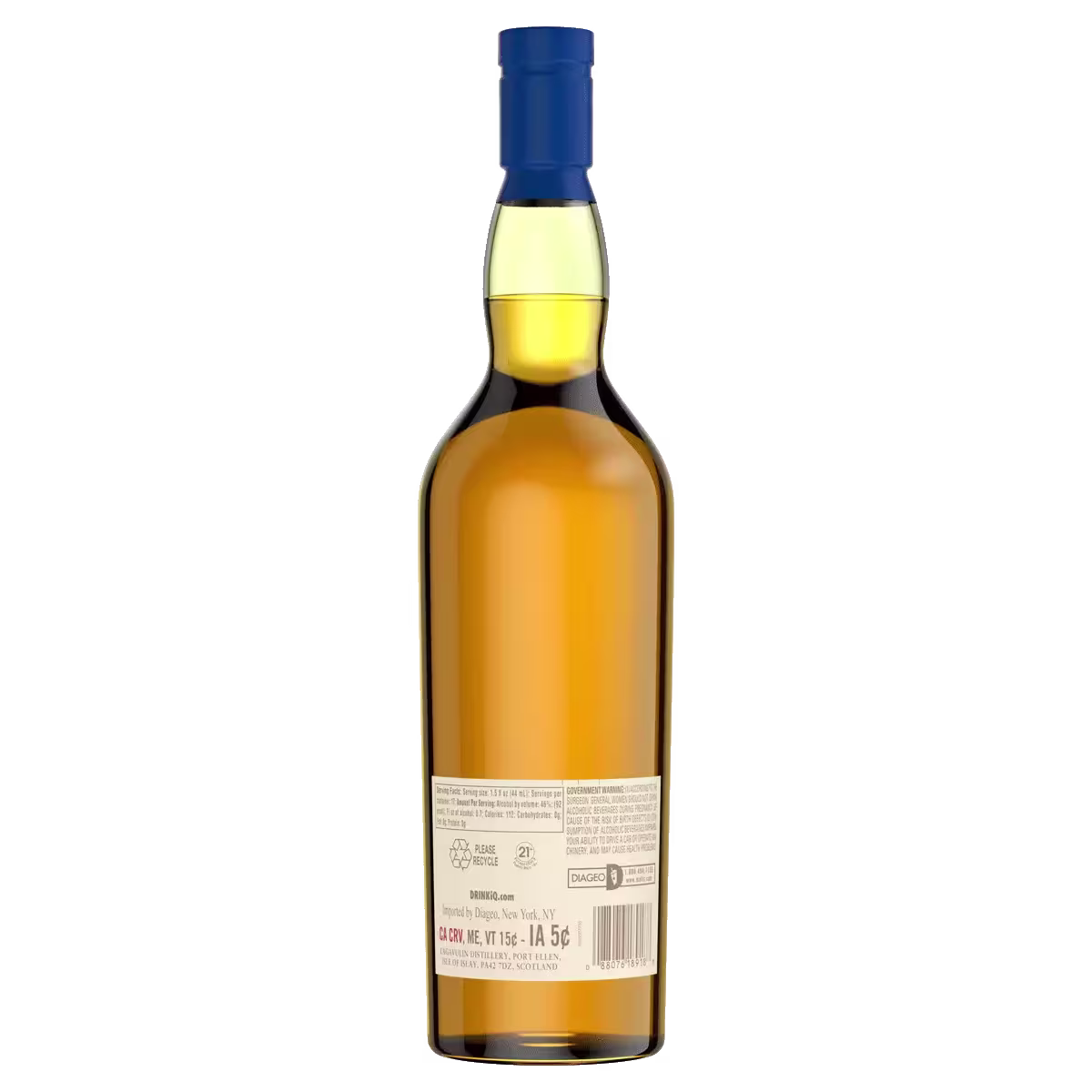A bottle of amber-colored liquor with a blue cap, shown from the back, displaying a white label with text and barcodes.