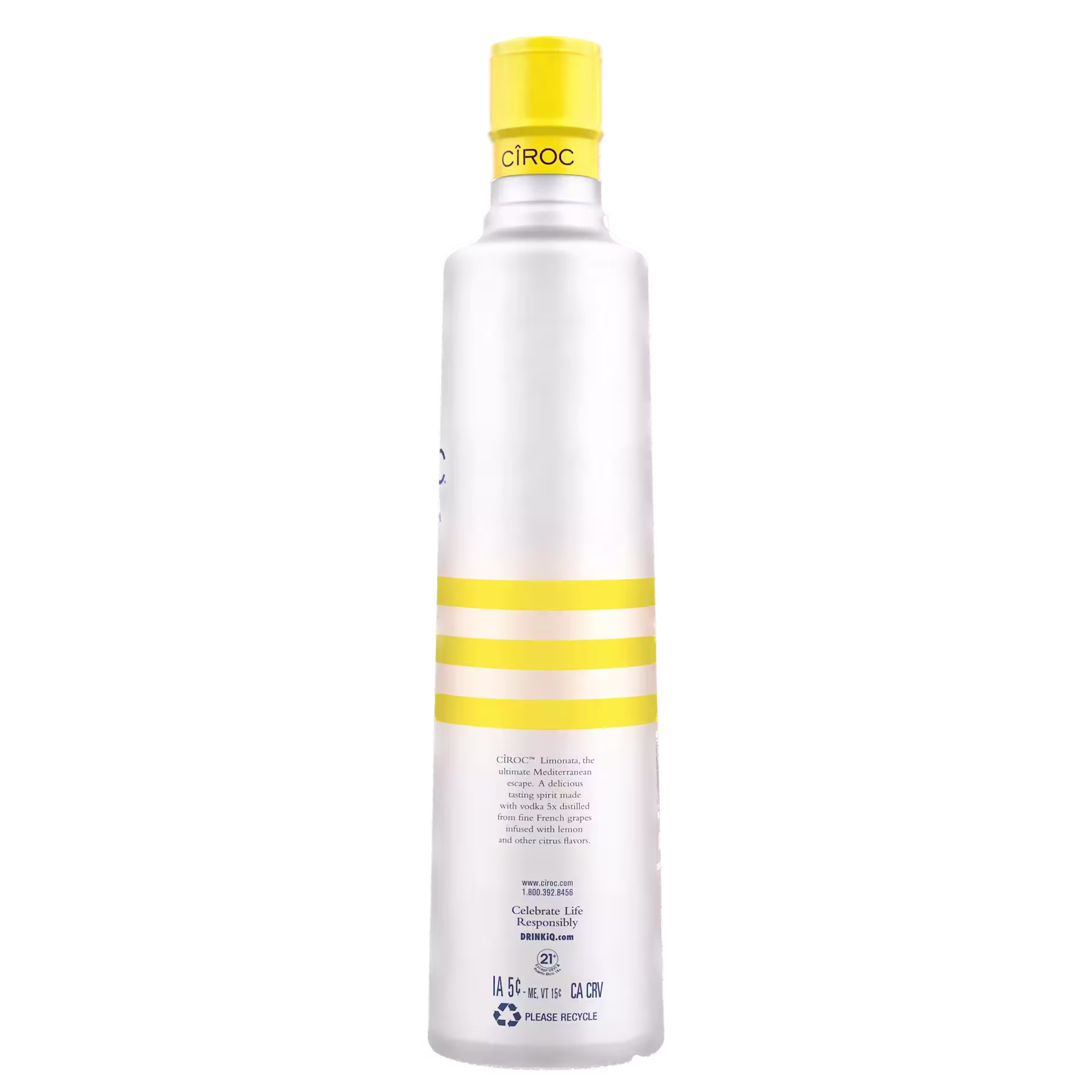 A white bottle of Ciroc vodka with yellow stripes and a yellow cap, displayed on a plain black background.