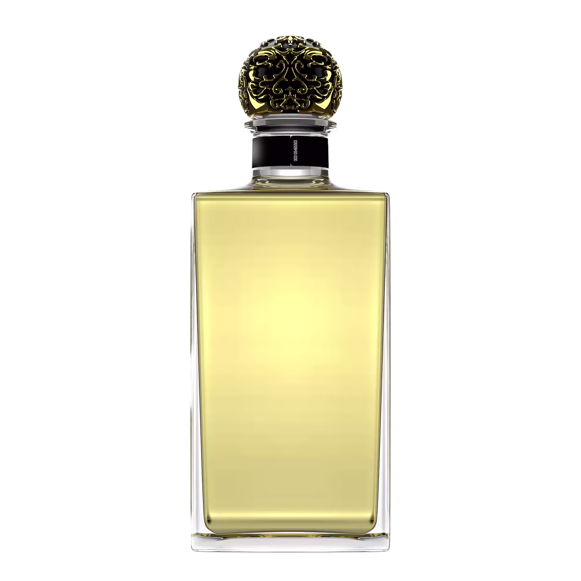 A rectangular glass perfume bottle with a gold decorative cap, filled with light yellow liquid, set against a black background.
