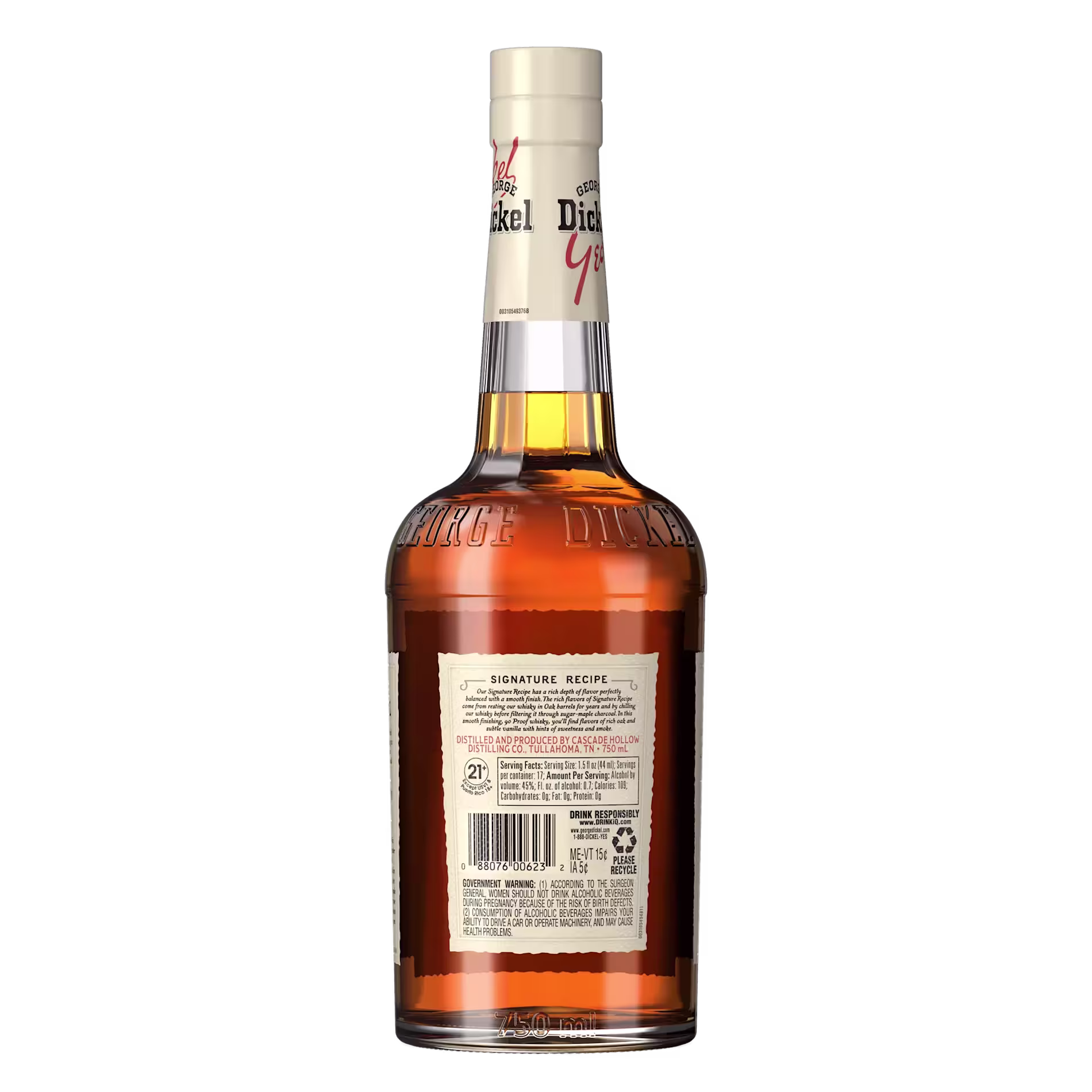 A bottle of Dickel whiskey shown from the back, displaying the label with product information, ingredients, and a barcode.