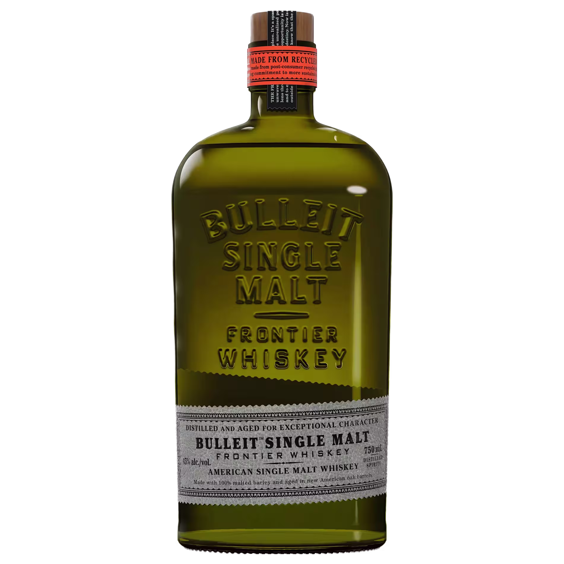 A bottle of Bulleit Single Malt Frontier Whiskey with a greenish tint, featuring a black and orange label and a black and orange cap.