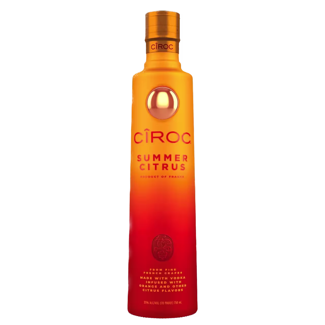 A bottle of Ciroc Summer Citrus vodka with an orange and red gradient design and branding text on the front.