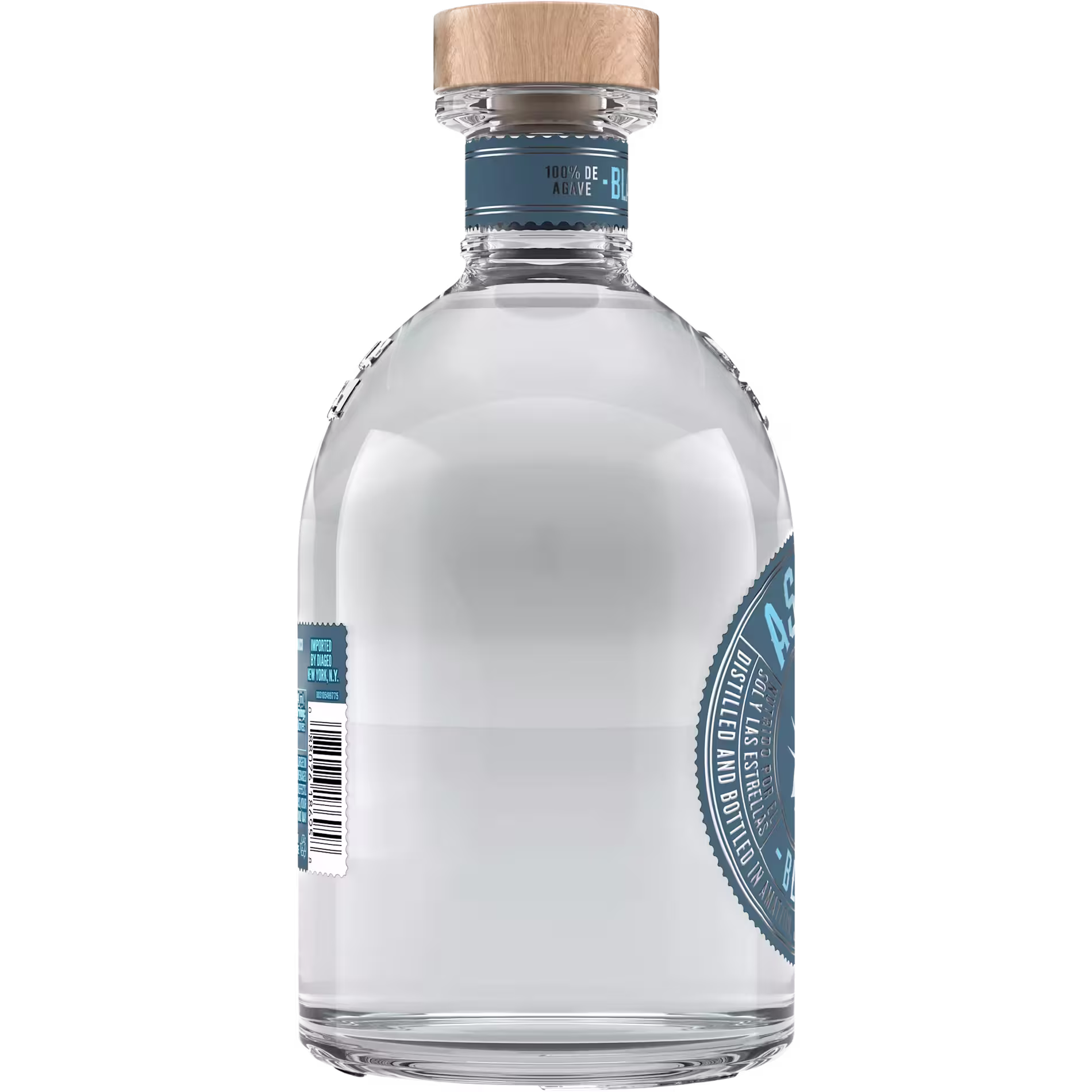 A clear glass bottle with a wooden cap, blue label, and barcode, containing a transparent liquid.