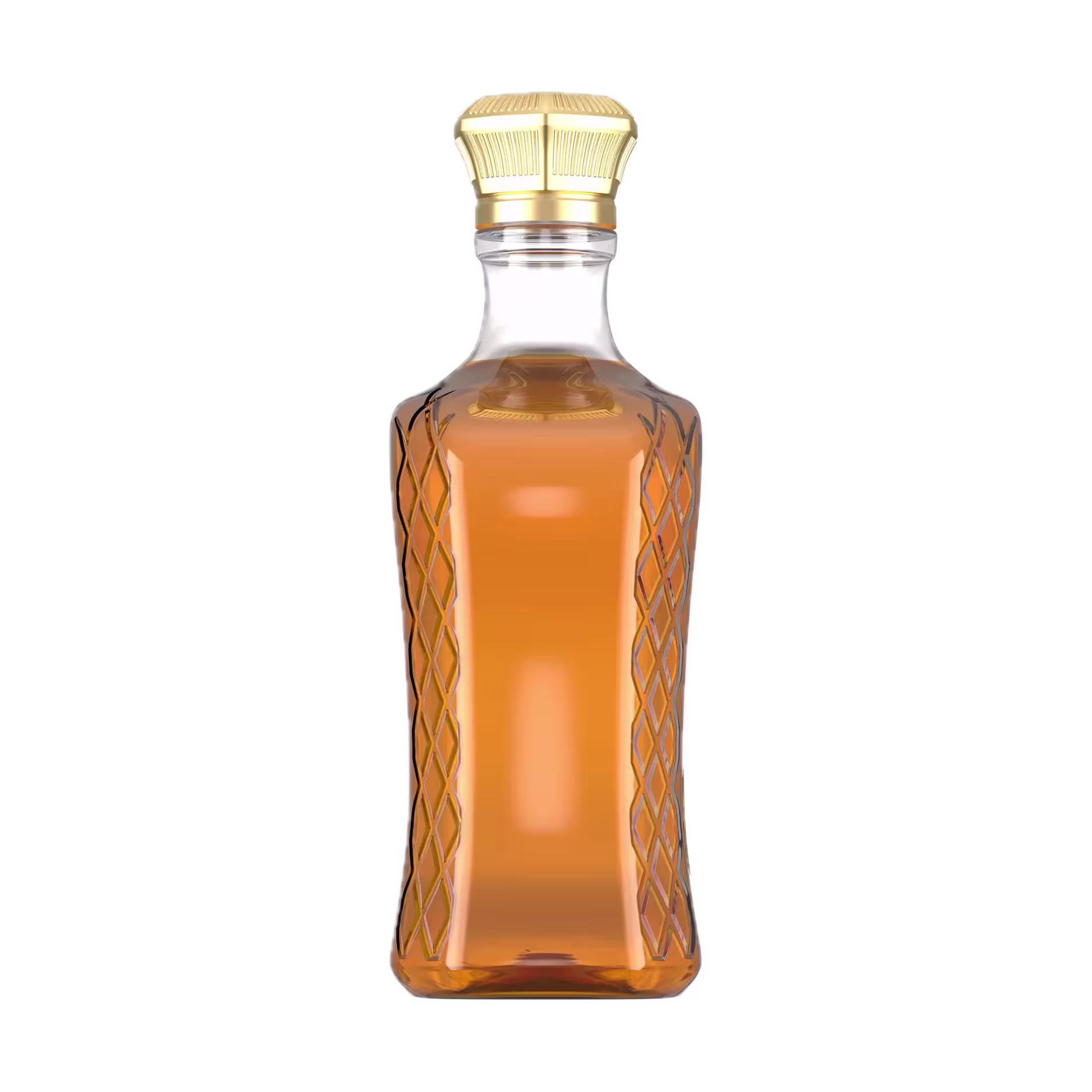 A clear glass decanter with a gold-colored cap, filled with an amber-colored liquid, shown against a plain background.