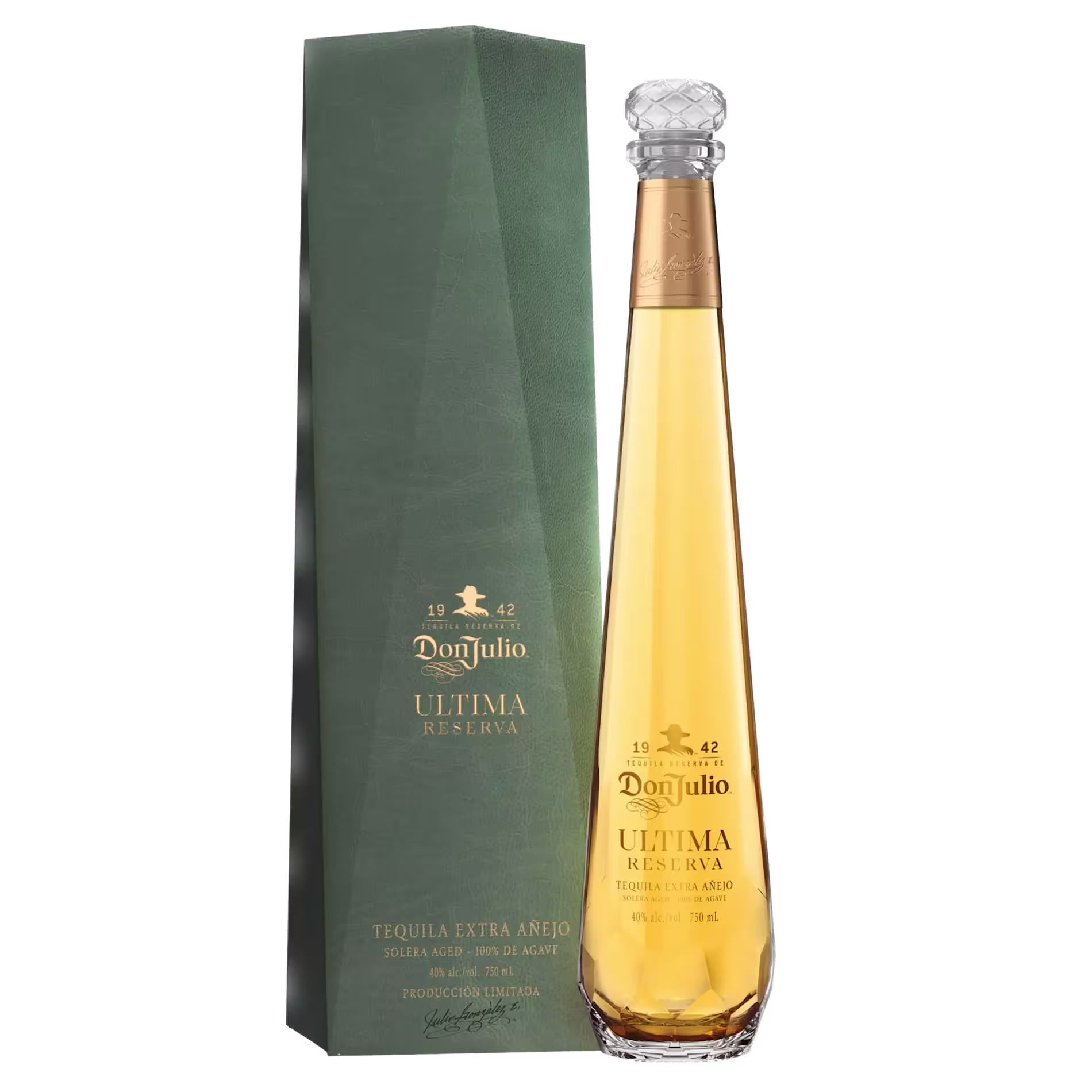 A tall, elegant bottle of Don Julio Ultima Reserva tequila stands next to its matching dark green box with gold lettering.