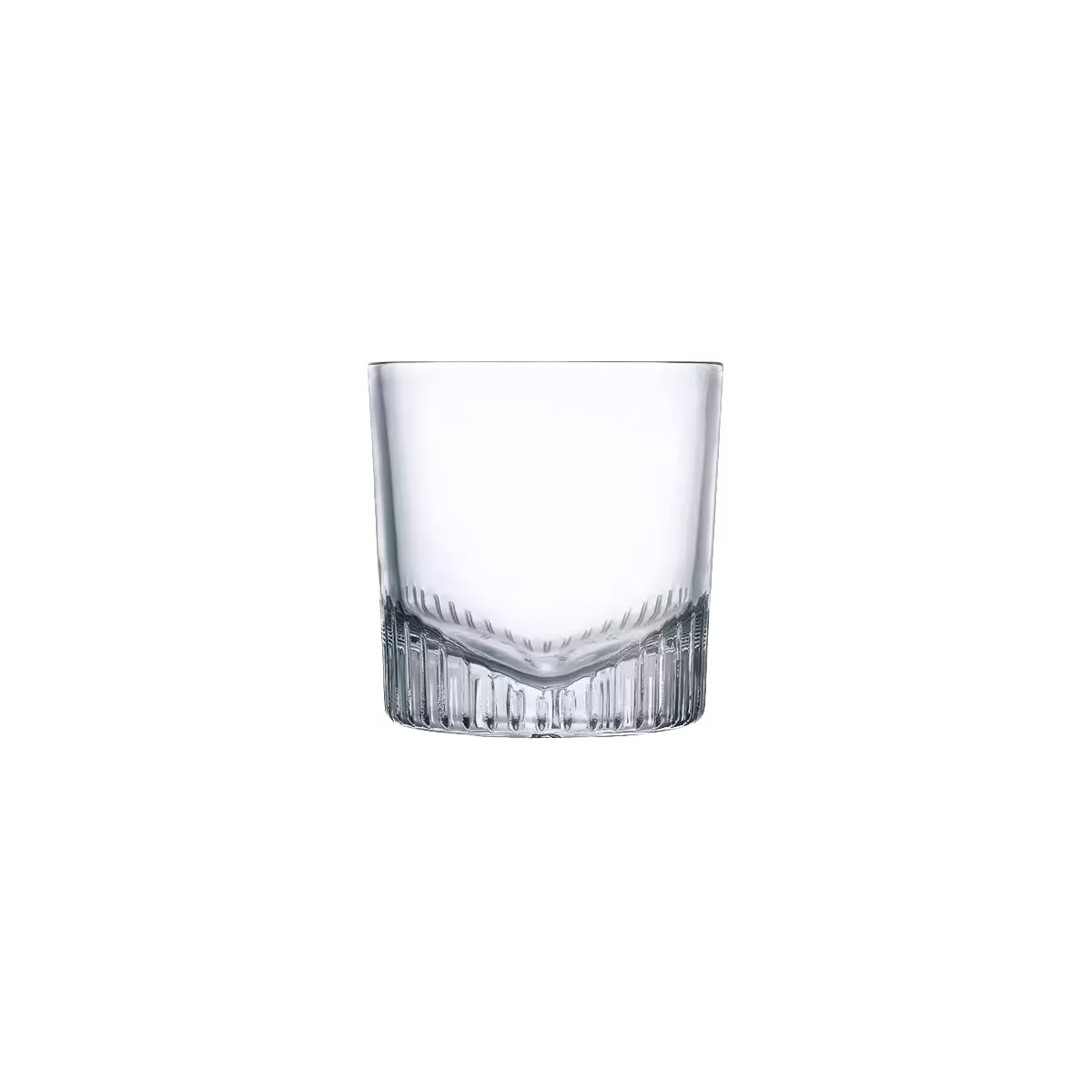 A clear, empty crystal tumbler glass with a thick, textured base is centered against a black background.