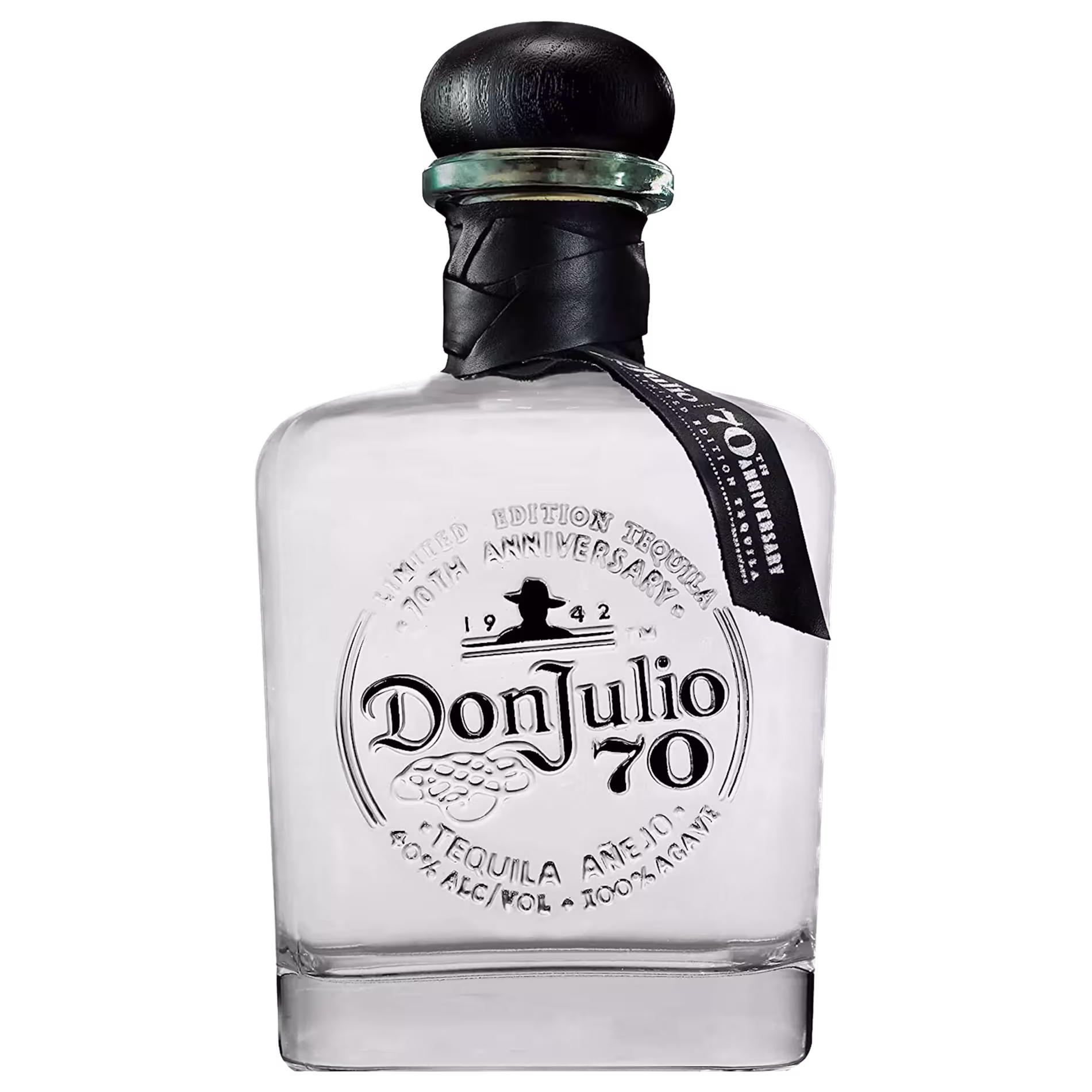 A clear glass bottle of Don Julio 70 tequila with a black cap and neck wrap, featuring embossed and printed branding and a 40% alcohol content indication.
