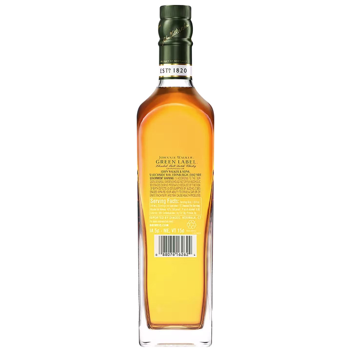 A tall, rectangular bottle of Johnnie Walker Green Label blended Scotch whisky shown from the back, displaying the label and serving facts.