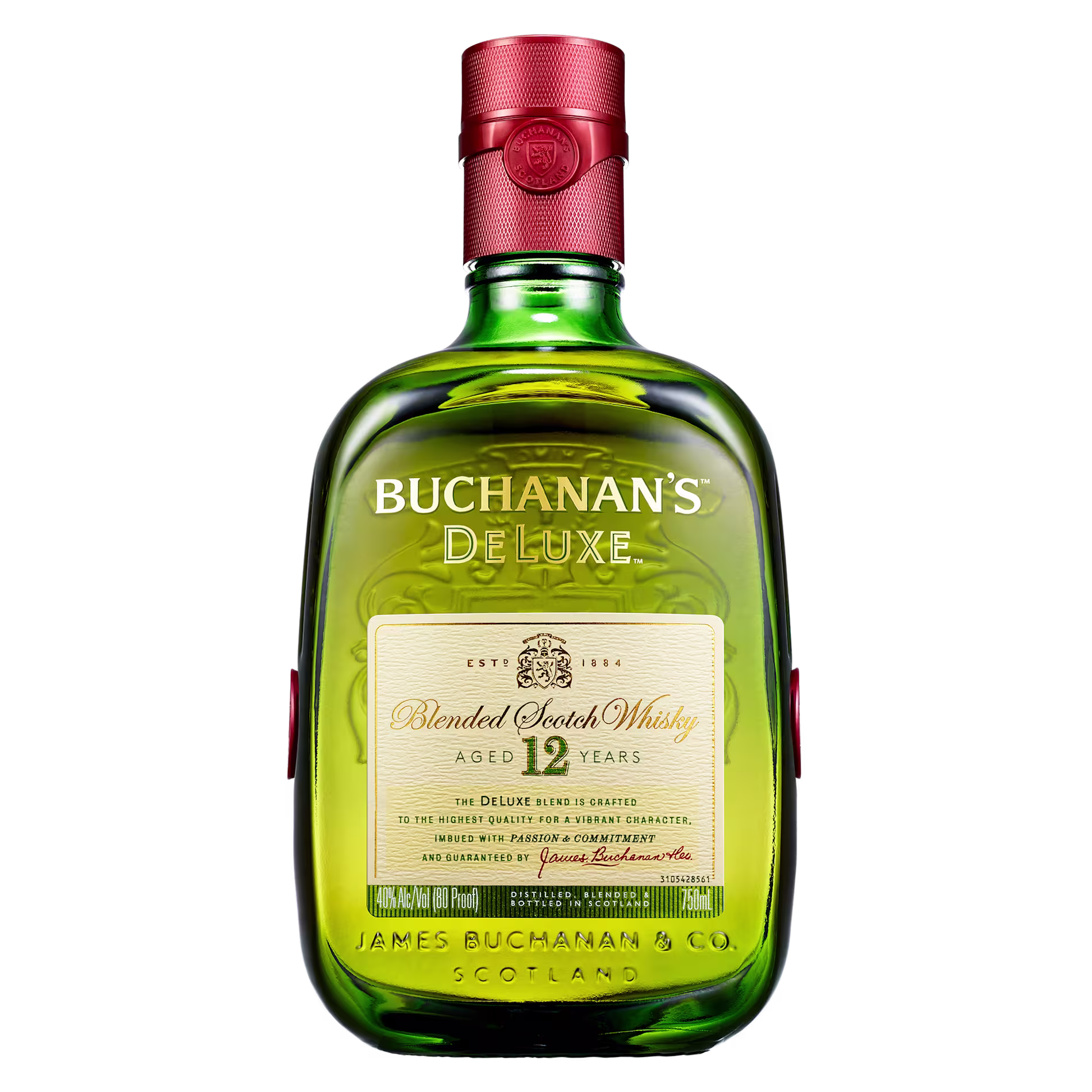 Buchanan's Deluxe 12-Year-Old Blended Scotch Whisky bottle.