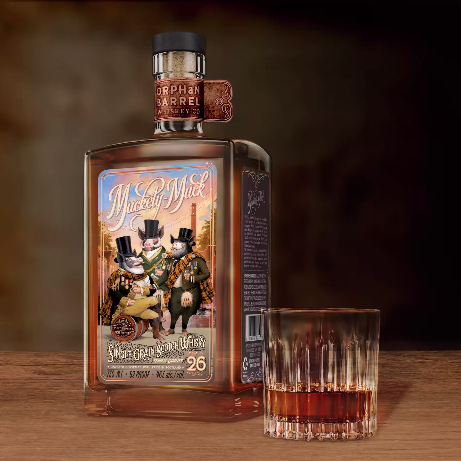 A bottle of Orphan Barrel Mackely Mack 26-year-old single grain Scotch whisky sits next to a filled glass on a wooden surface.