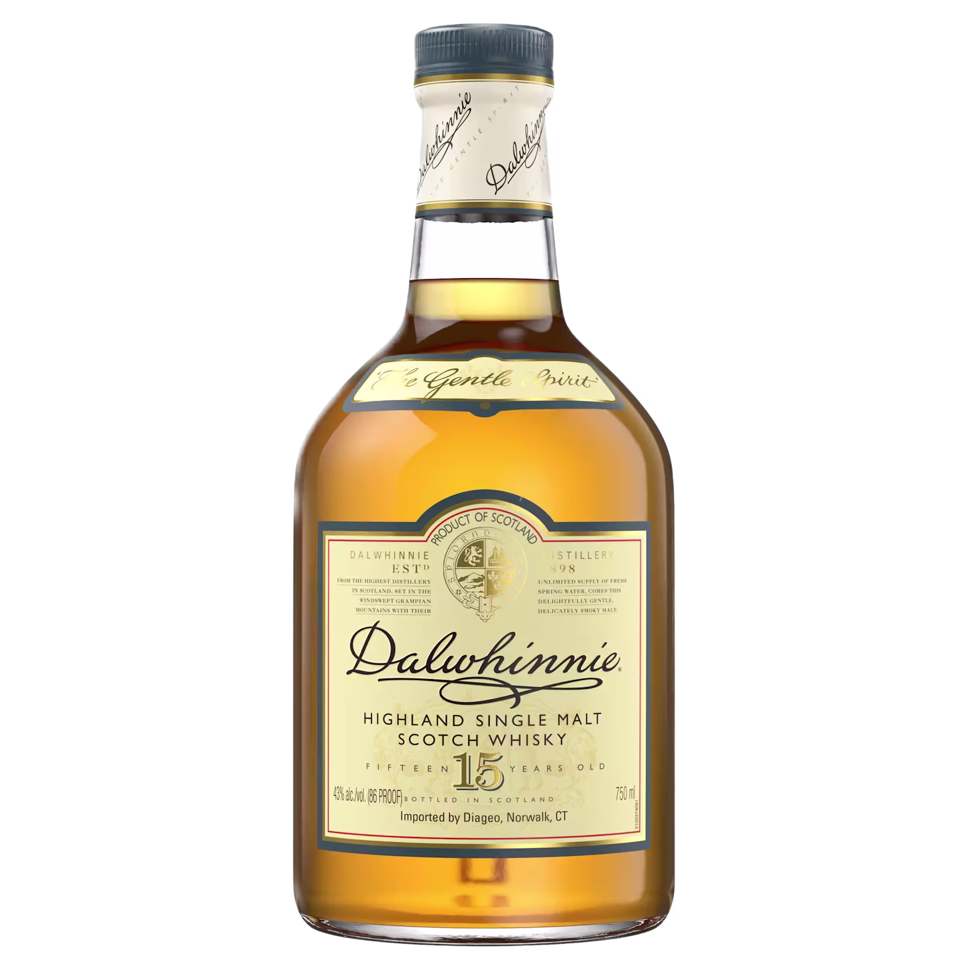 A bottle of Dalwhinnie 15 Year Old Highland Single Malt Scotch Whisky with a cream-colored label and gold cap, containing 750 ml of whisky.