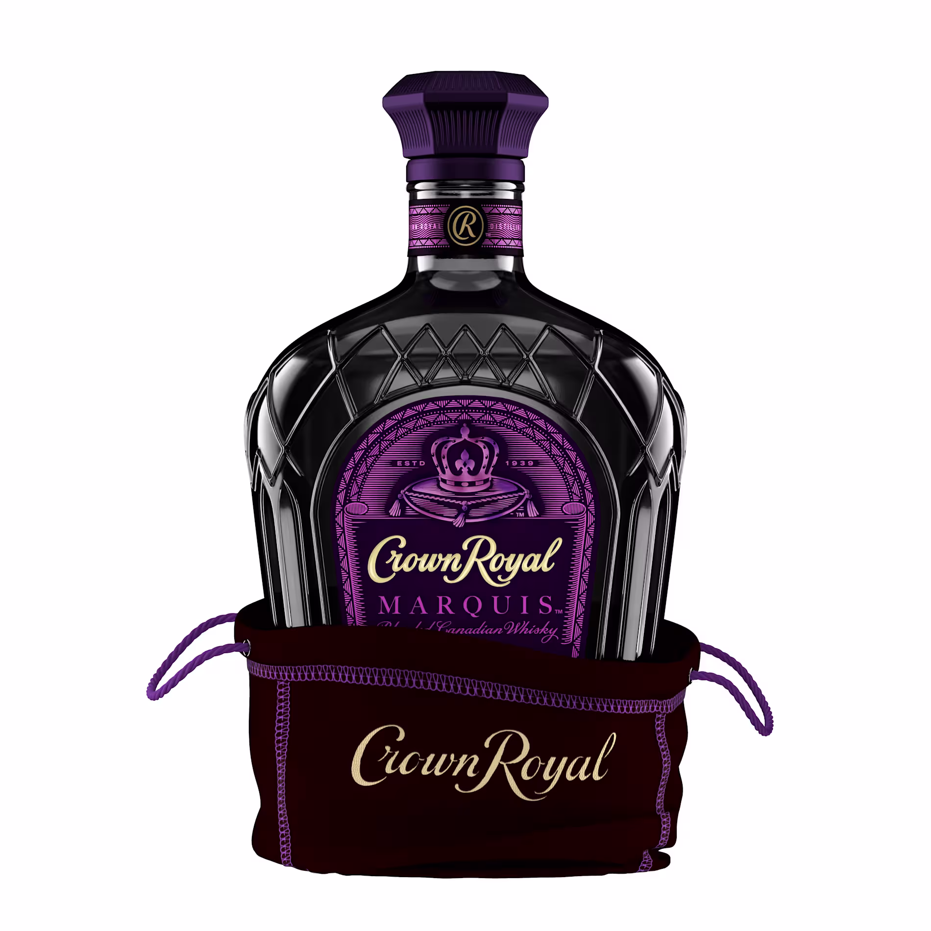A bottle of Crown Royal Marquis Canadian Whisky in a purple and gold Crown Royal drawstring pouch, set against a white background.