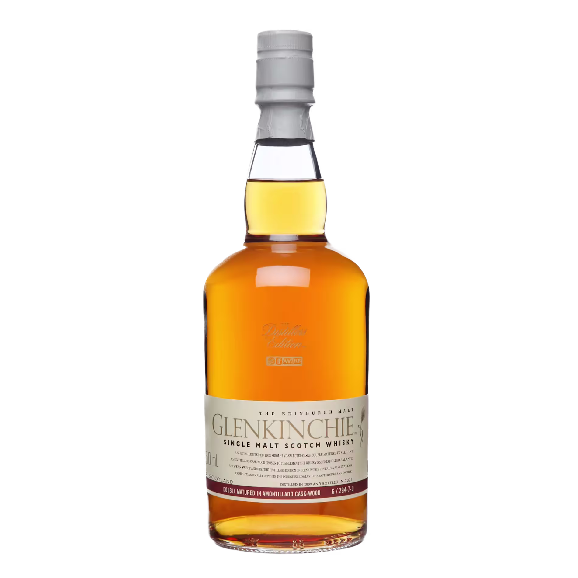A bottle of Glenkinchie single malt Scotch whisky with a clear label and amber liquid, sealed with a gray cap, photographed against a white background.