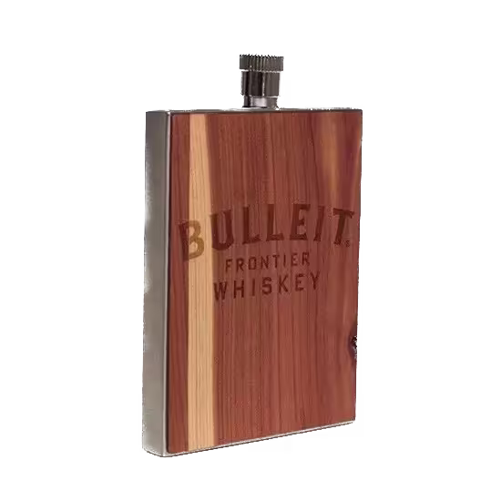 A rectangular metal flask with a wooden front panel engraved with Bulleit Frontier Whiskey, featuring a screw cap on top.