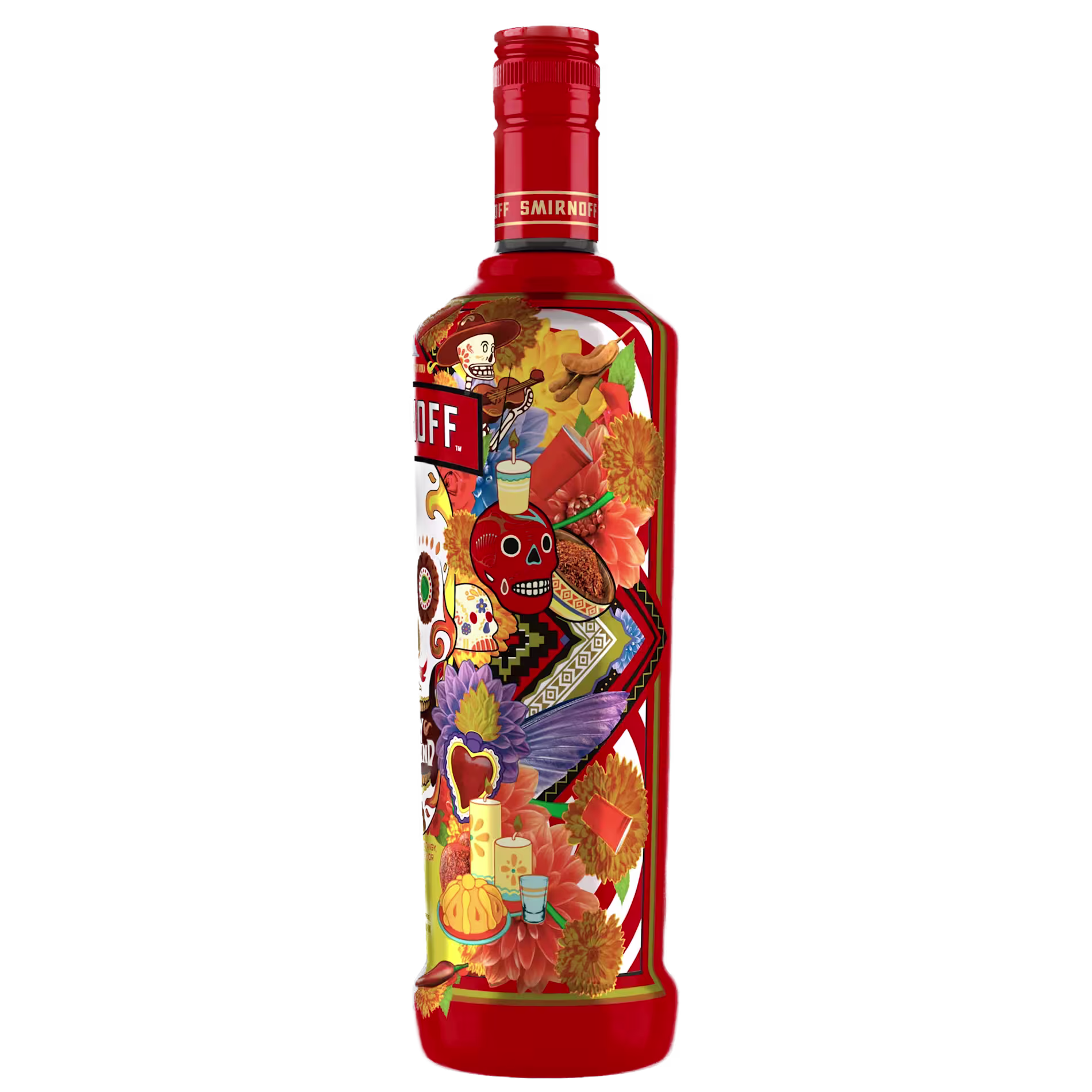 A red Smirnoff vodka bottle featuring colorful, ornate Day of the Dead-themed artwork with flowers, skulls, and festive motifs.