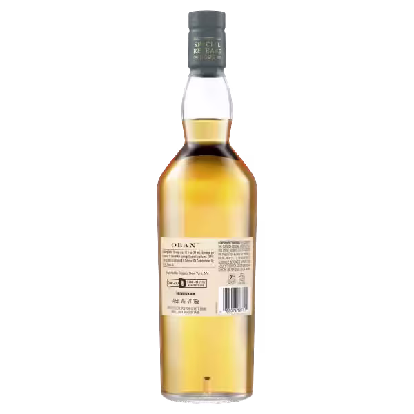 A bottle of Oban Scotch whisky, shown from the back with a visible label detailing product information and a black cap.