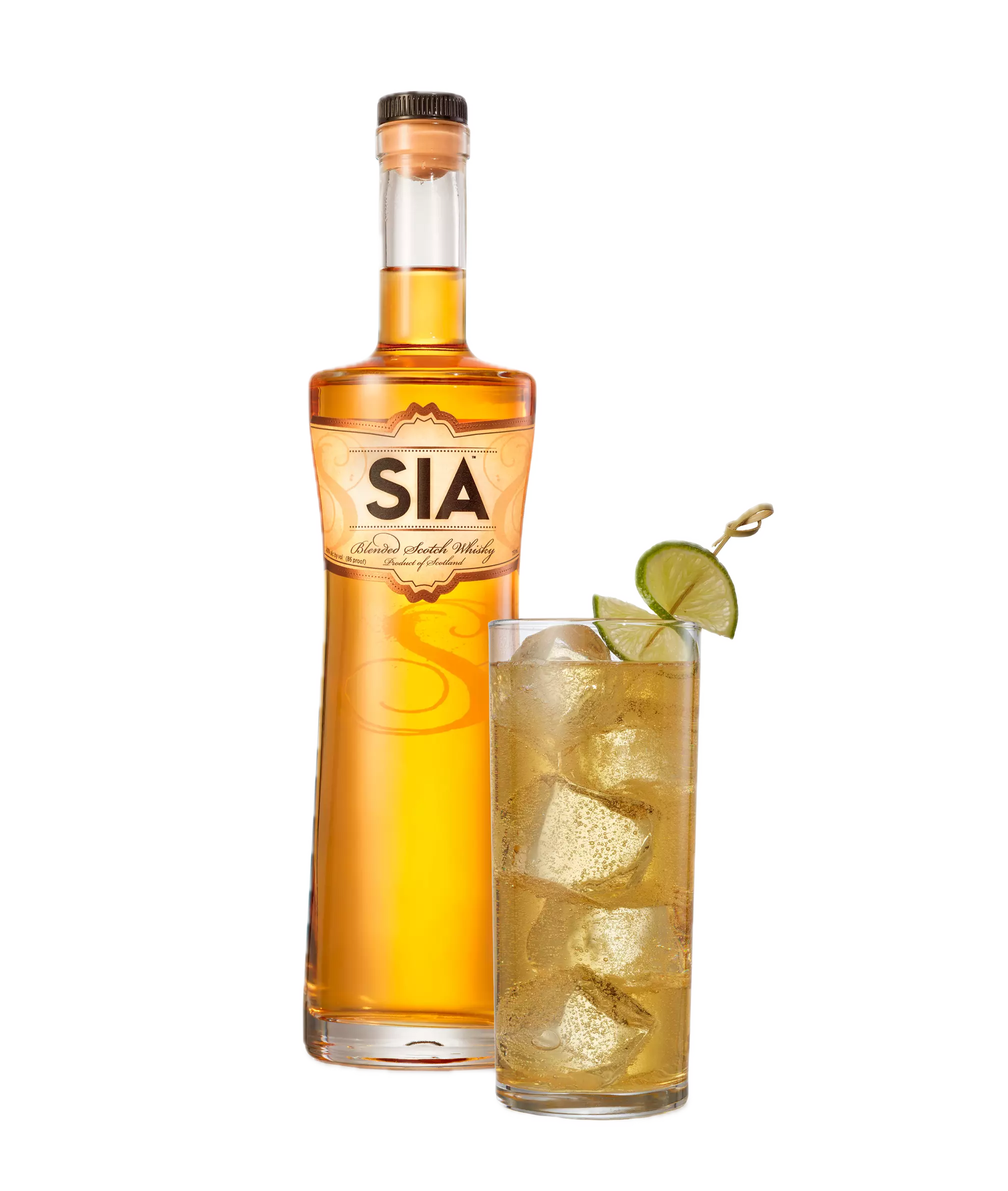 A bottle of SIA blended Scotch whisky next to a glass filled with whisky, ice cubes, and garnished with lime slices.