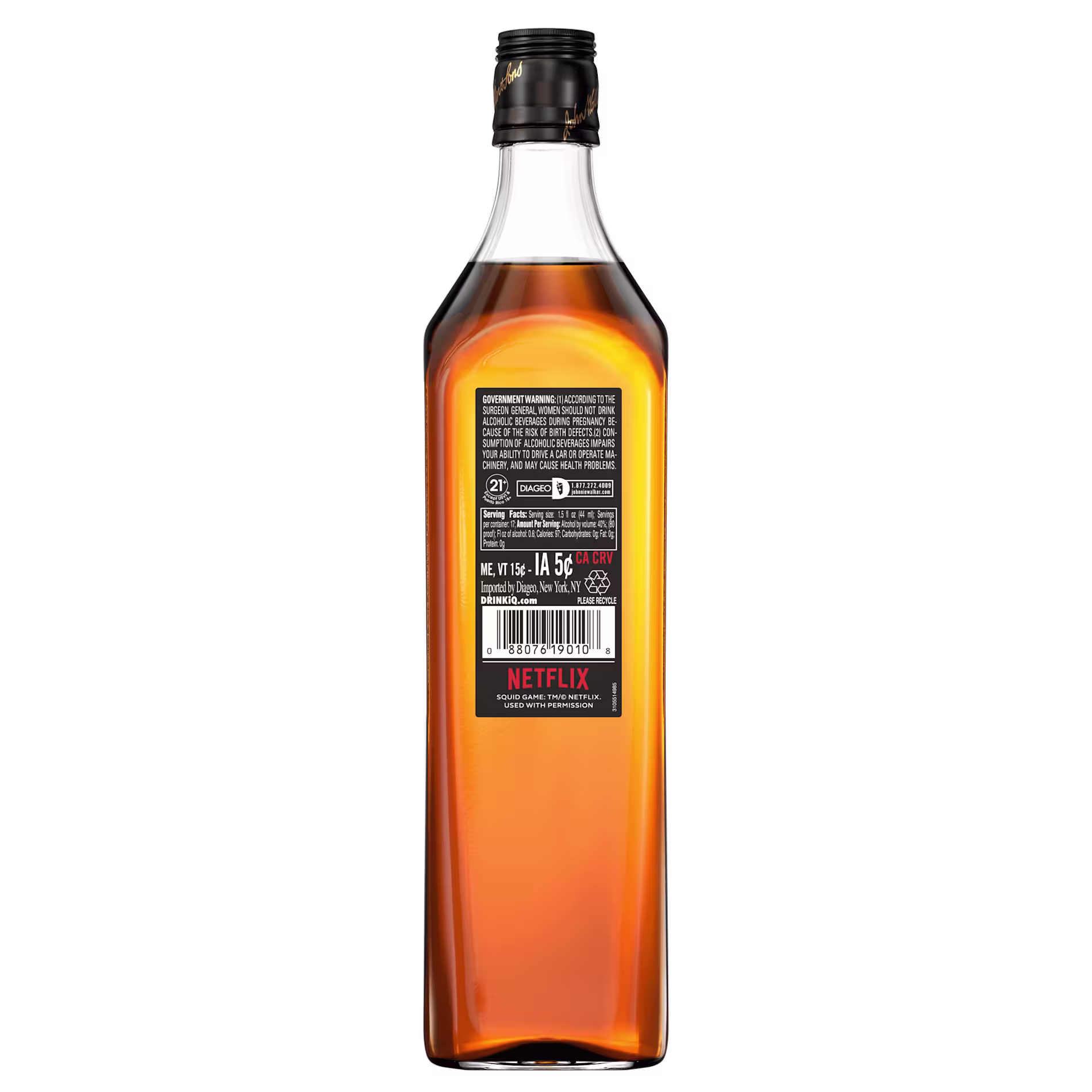 A bottle of whiskey shown from the back, with a label including warnings and a Netflix logo at the bottom.