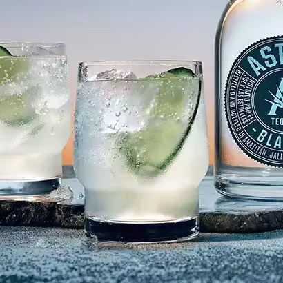 Two glasses filled with ice, clear liquid, and cucumber slices are placed beside a bottle labeled Astropal Black on a stone surface.