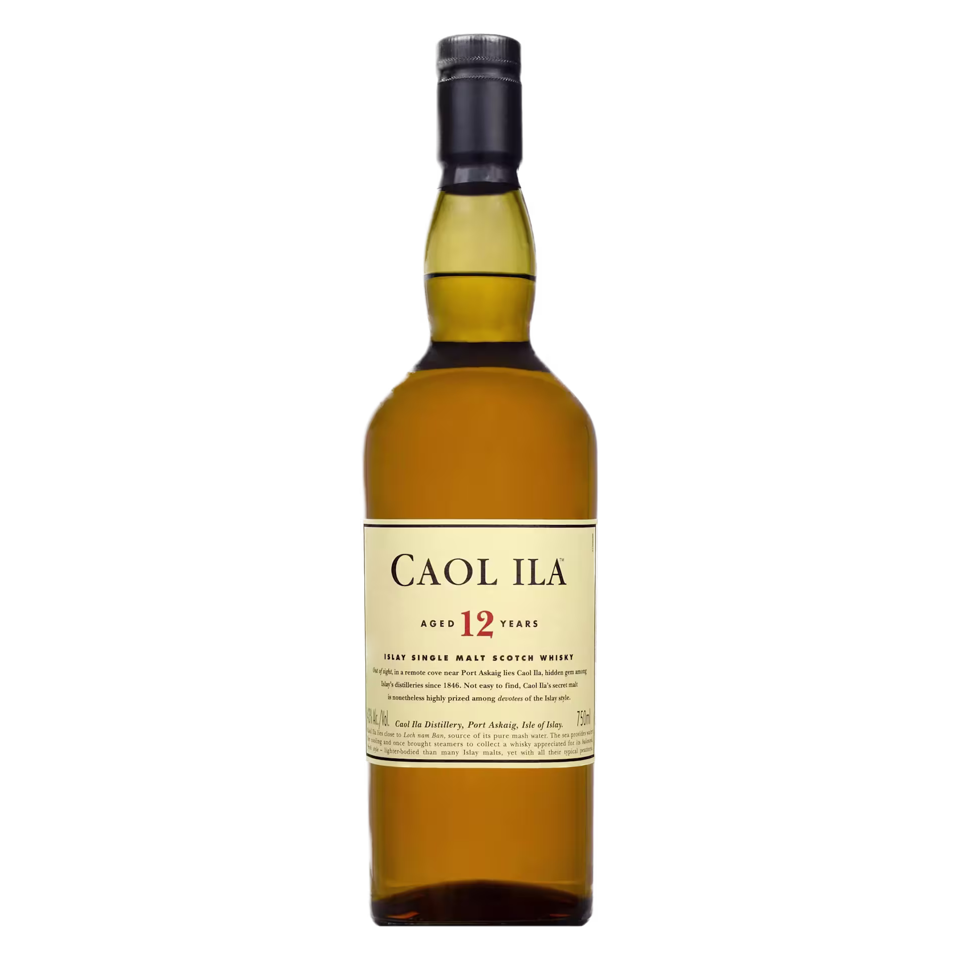 A bottle of Caol Ila 12 Year Old single malt Scotch whisky with a cream label and black cap, photographed on a plain black background.