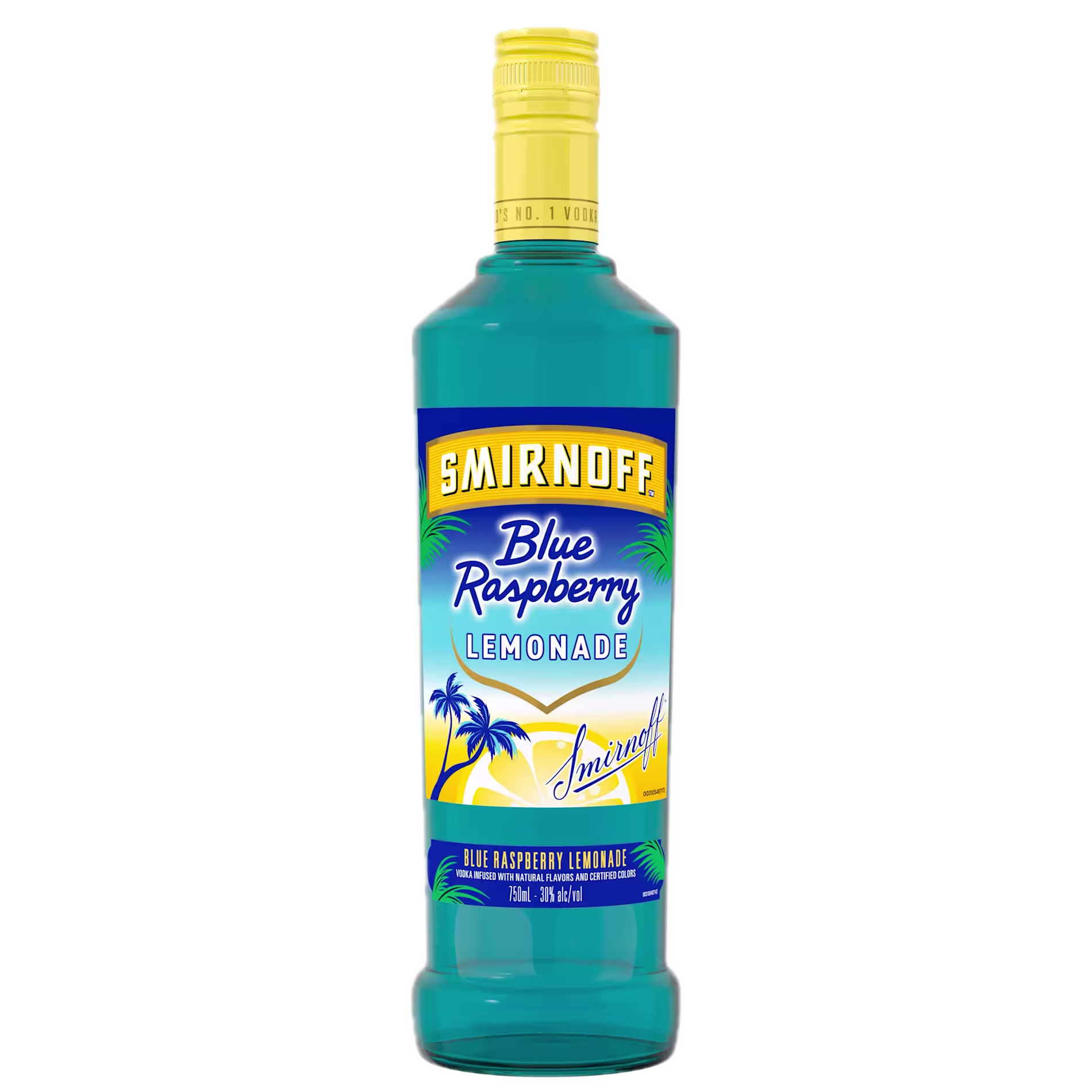 A bottle of Smirnoff Blue Raspberry Lemonade flavored vodka with a blue and yellow label and a yellow cap.