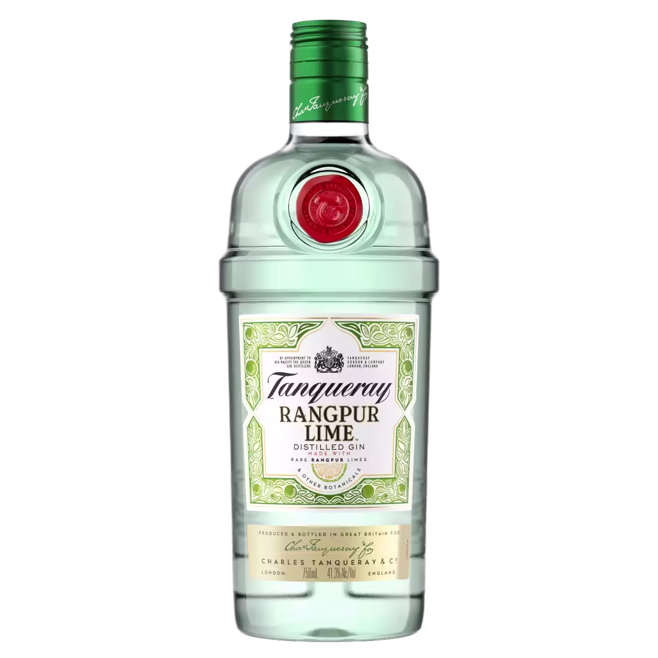 A bottle of Tanqueray Rangpur Lime Distilled Gin with a green cap, red seal, and green and white label featuring the brand name and product details.