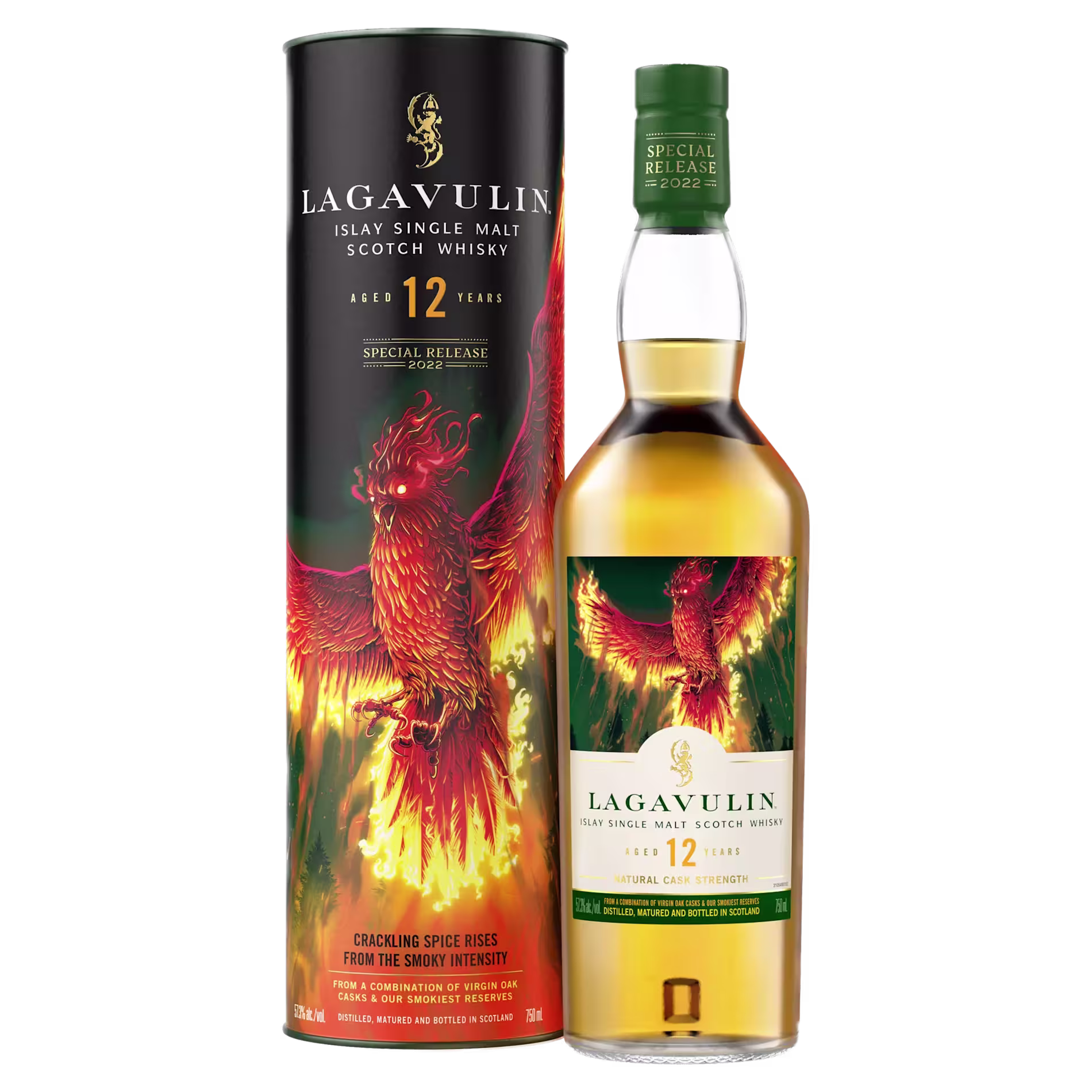 A bottle of Lagavulin 12 Year Old Islay Single Malt Scotch Whisky stands next to its cylindrical box, both featuring a red and orange phoenix design.