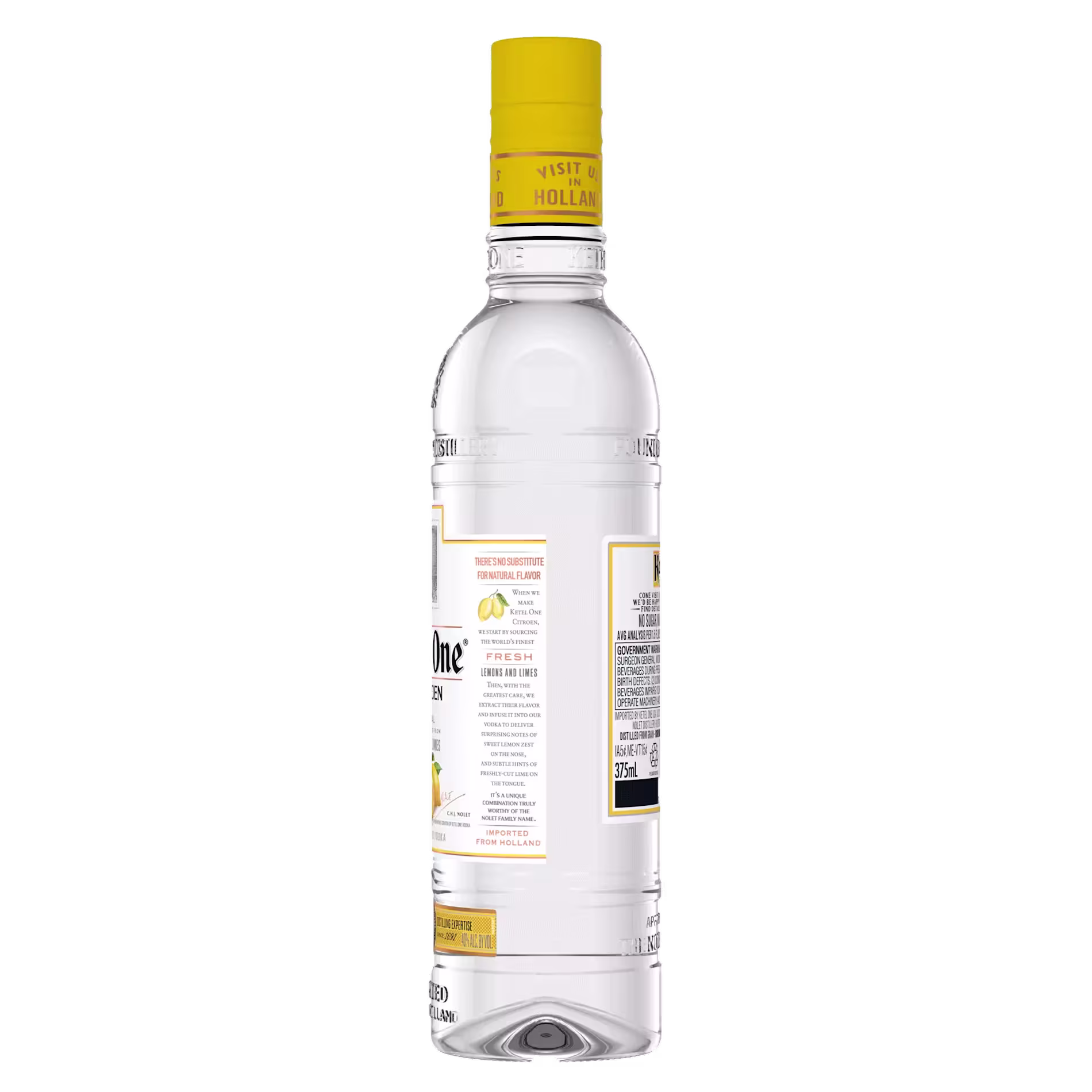 A clear bottle of Ketel One Citroen vodka with a yellow cap, displaying back and side labels against a plain black background.