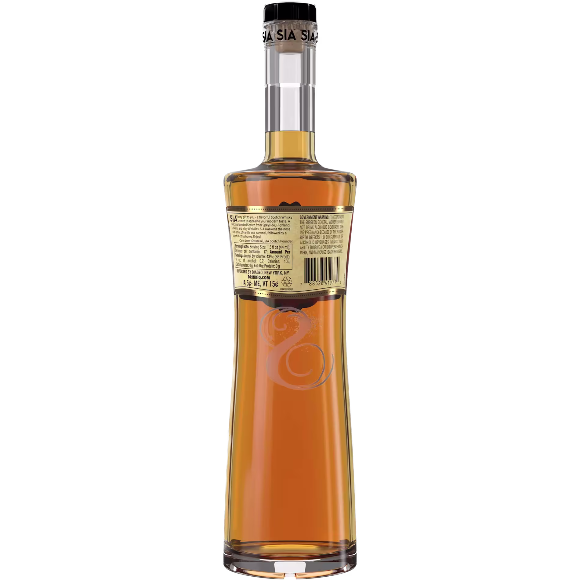 A tall, clear bottle filled with amber liquid, shown from the back with a detailed label and a silver cap.