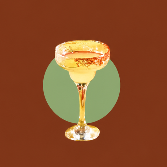 A margarita glass filled with a yellow drink, rimmed with salt, on a brown background with text describing its use for margaritas, either frozen or on the rocks.