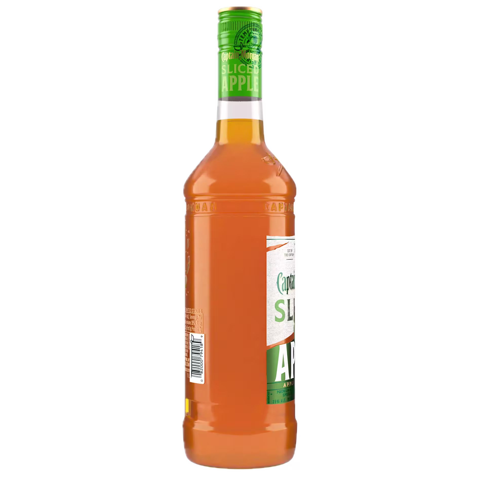 A bottle of Captain Morgan Sliced Apple rum, partially turned to show the side label and barcode, with an amber-colored liquid inside.