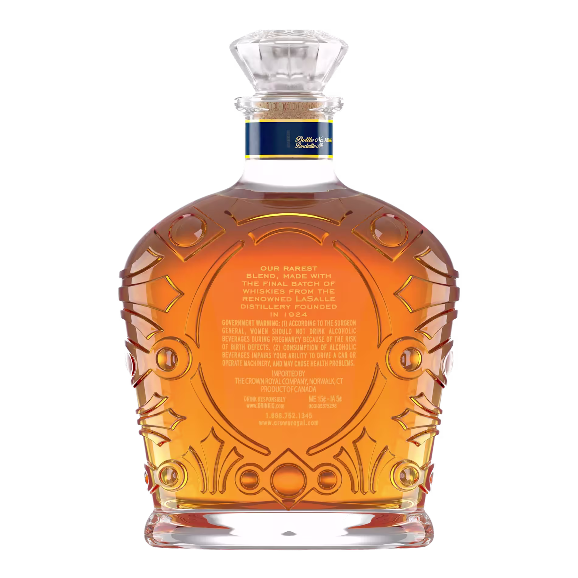 A decanter-style bottle of whisky with ornate design details and gold text describing the blend and product information on the back label.