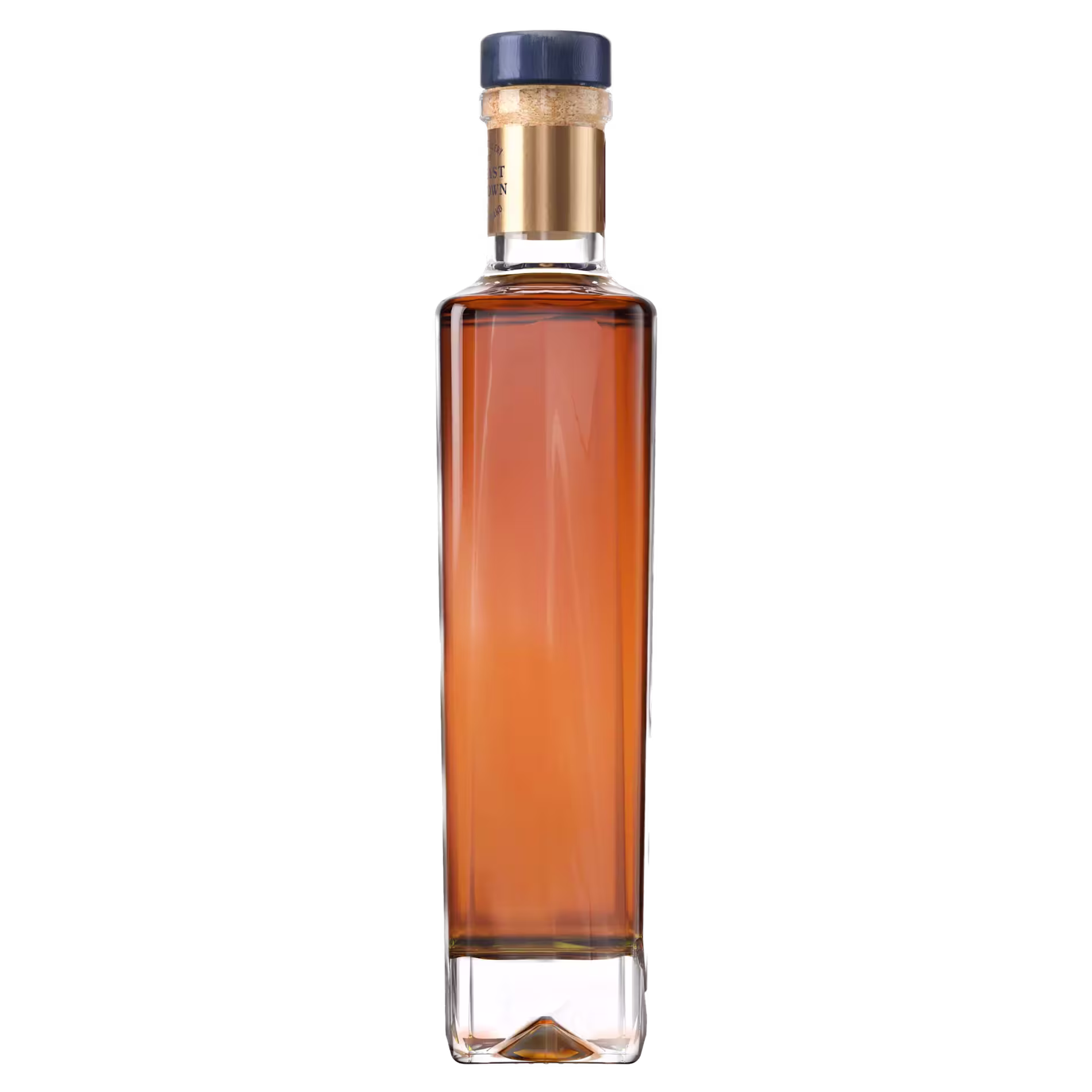 A tall, rectangular glass bottle with amber liquid inside, gold neck, and dark blue cap, set against a plain black background.