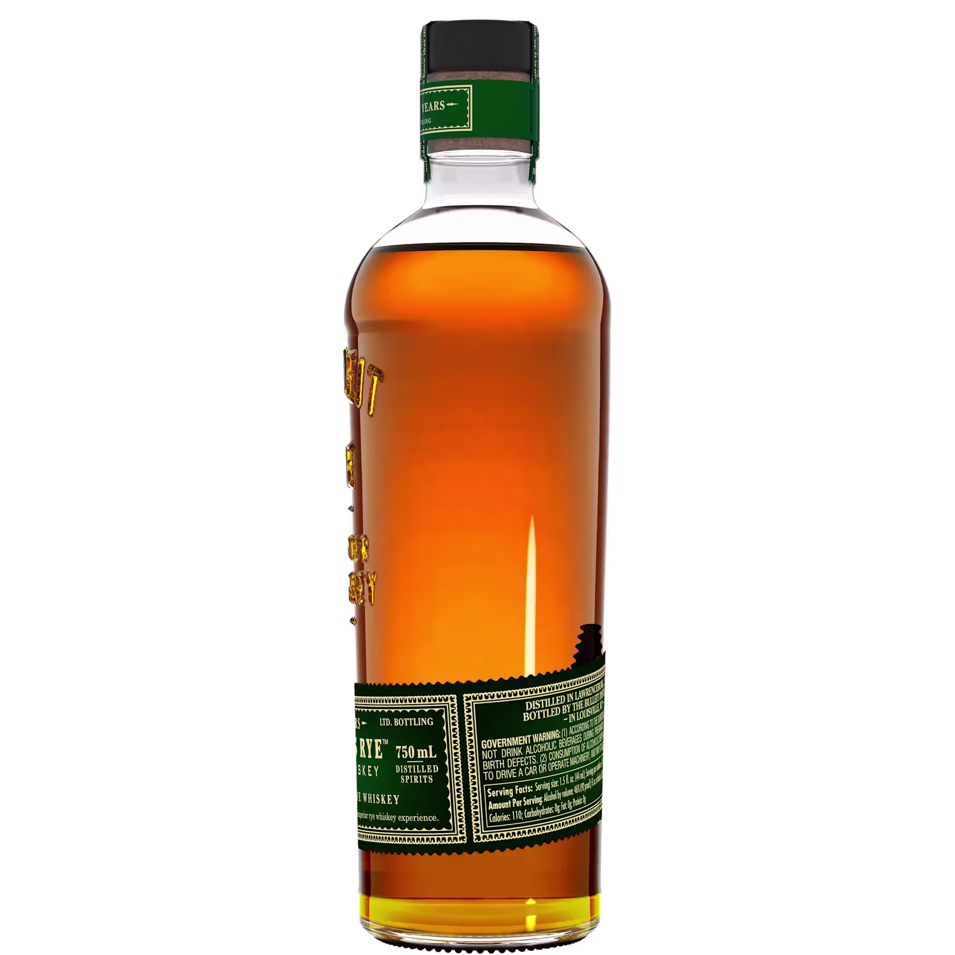 A bottle of whiskey with a green label and cap, filled with amber liquid, shown against a plain black background.