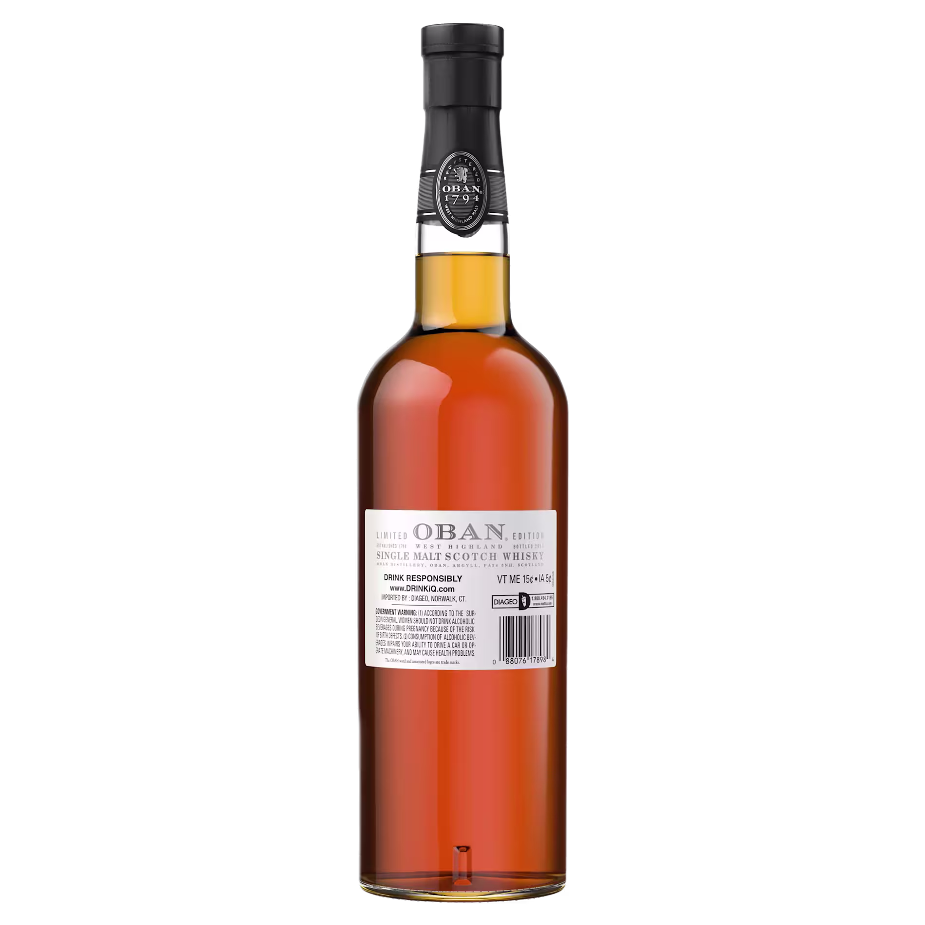 A bottle of Oban single malt Scotch whisky with a black cap and a front label displaying brand information and alcohol content.