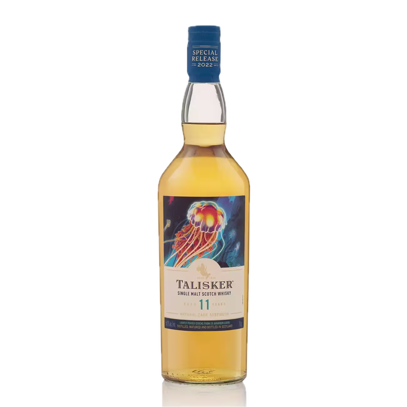 A bottle of Talisker 11 Year Old Single Malt Scotch Whisky, special release 2022, featuring a jellyfish illustration on the label.
