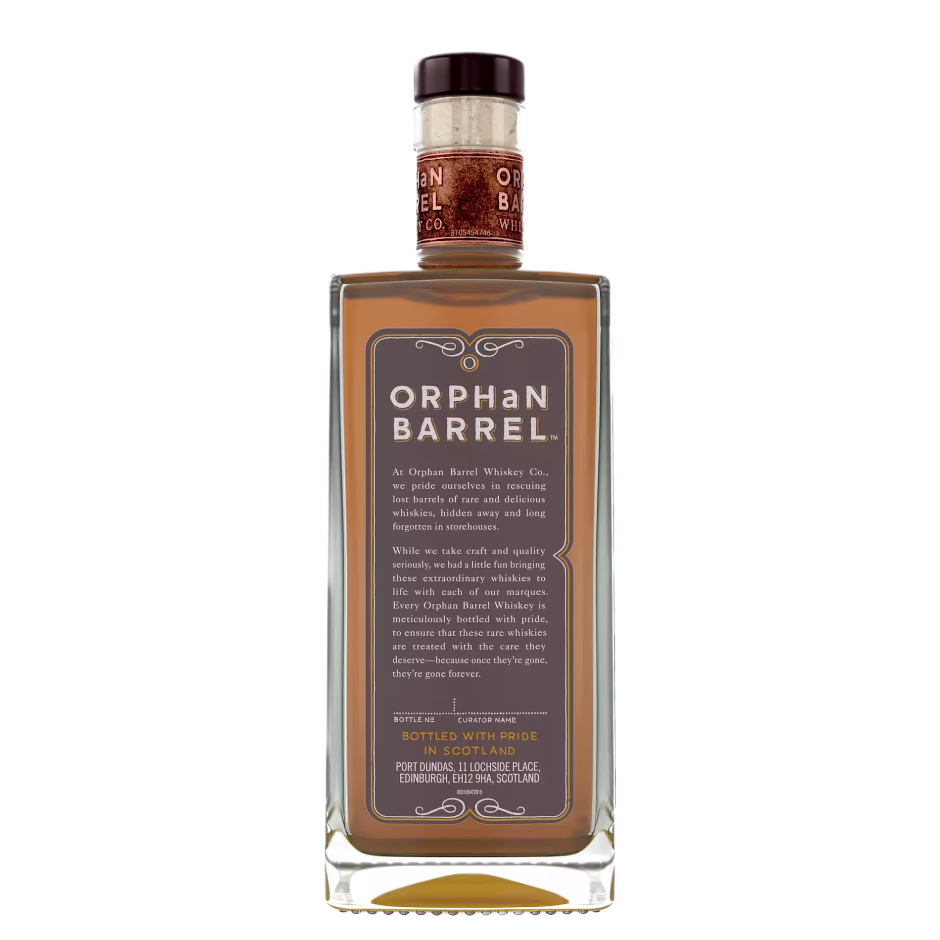 A rectangular bottle of Orphan Barrel whiskey with a brown label displaying product information in white and gold text.