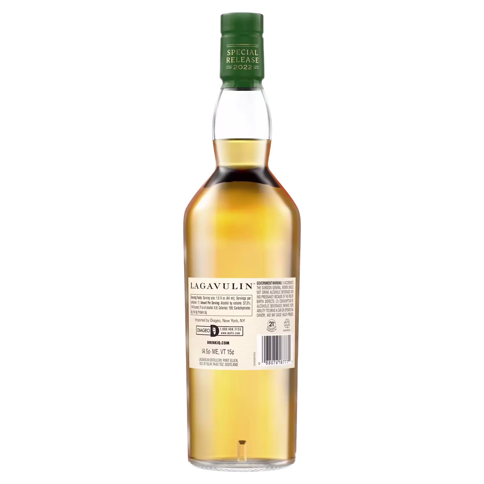 A bottle of Lagavulin whisky shown from the back, displaying the label with product information and a green cap reading Special Release 2022.