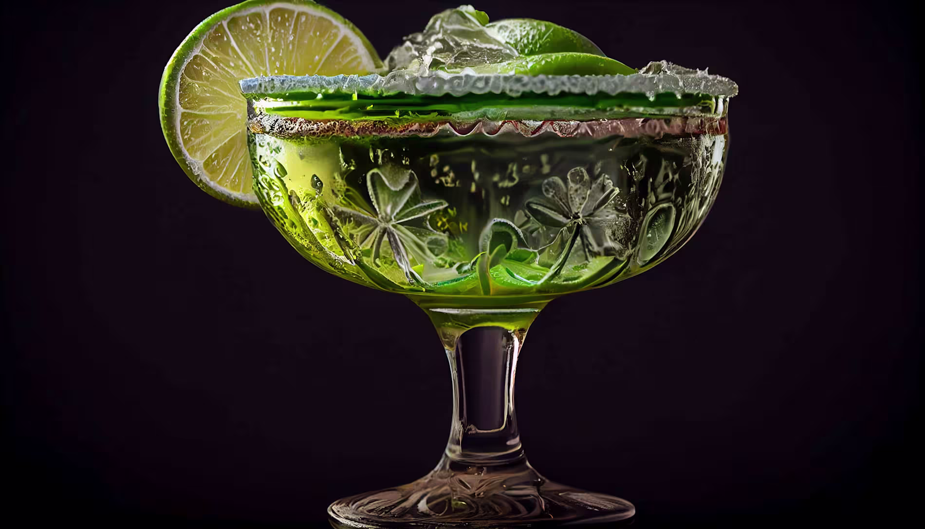 A margarita in an ornate glass with a salted rim, ice cubes, lime wedge garnish, and a lime slice, against a dark background.