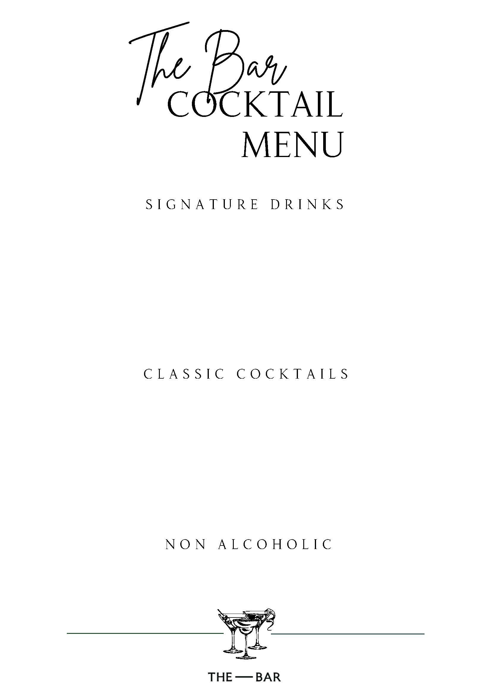 Minimalist cocktail menu with three sections: Signature Drinks, Classic Cocktails, and Non Alcoholic. The Bar logo with two cocktail glasses at the bottom.