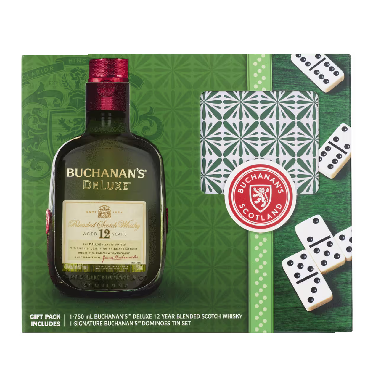 A boxed gift set featuring a bottle of Buchanans DeLuxe 12 Year Blended Scotch Whisky and a tin of Buchanans branded dominoes on a green patterned background.