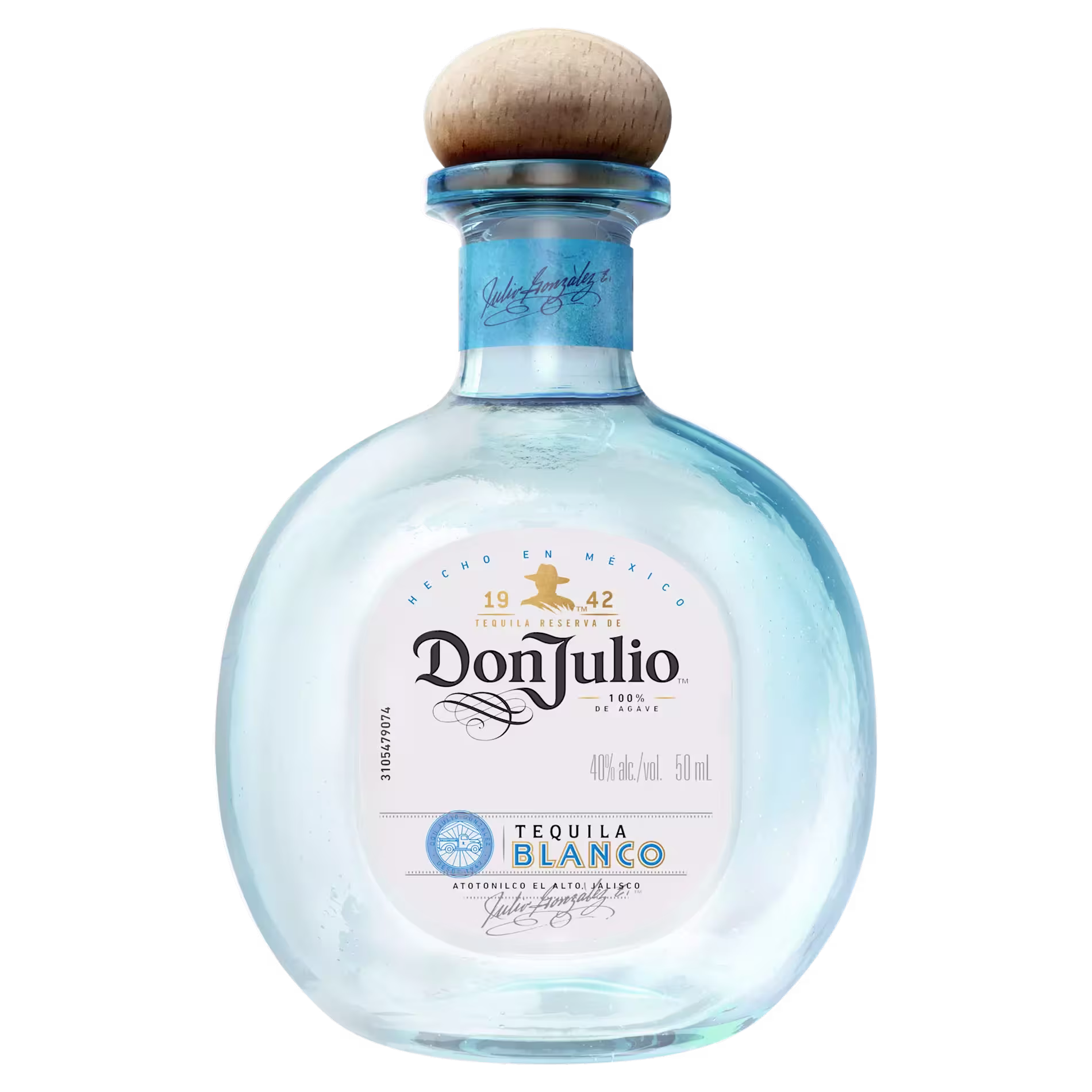 A clear glass bottle of Don Julio Tequila Blanco with a wooden cork top and blue accents, featuring the label and logo on the front.