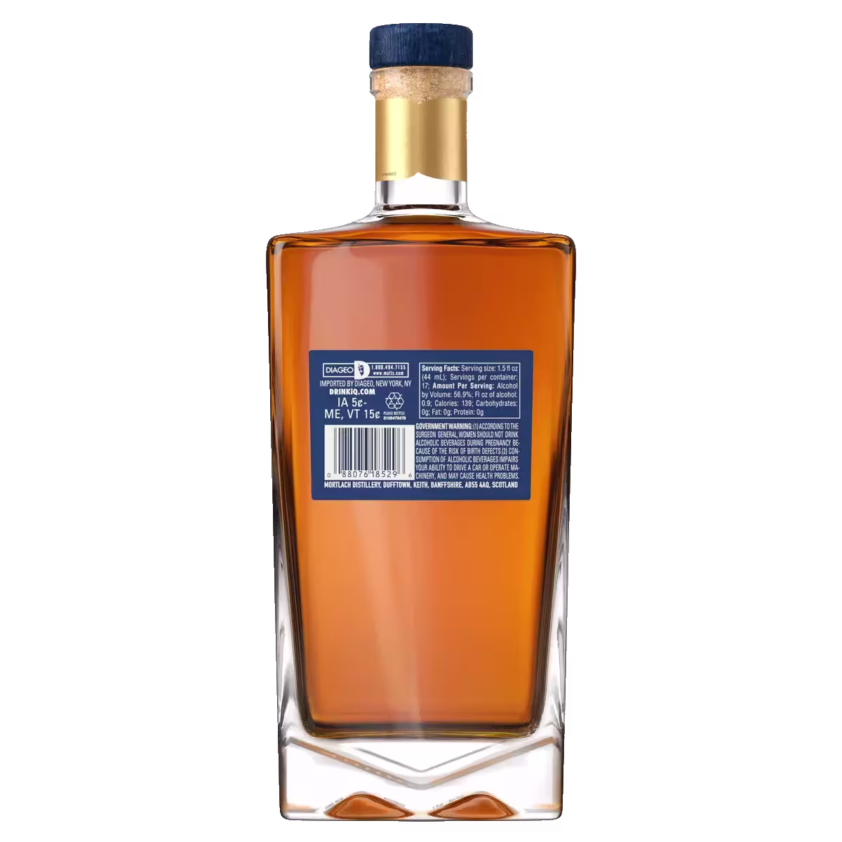 A rectangular glass bottle filled with amber liquid, viewed from the back, featuring a blue label with white text and a blue cap sealed with cork.