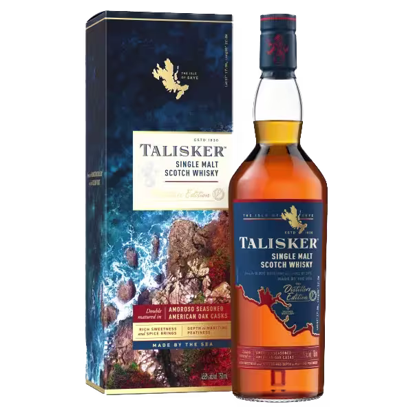 A bottle of Talisker Single Malt Scotch Whisky and its box, featuring coastal imagery and text highlighting Amontillado casks and the “Made by the Sea” tagline.