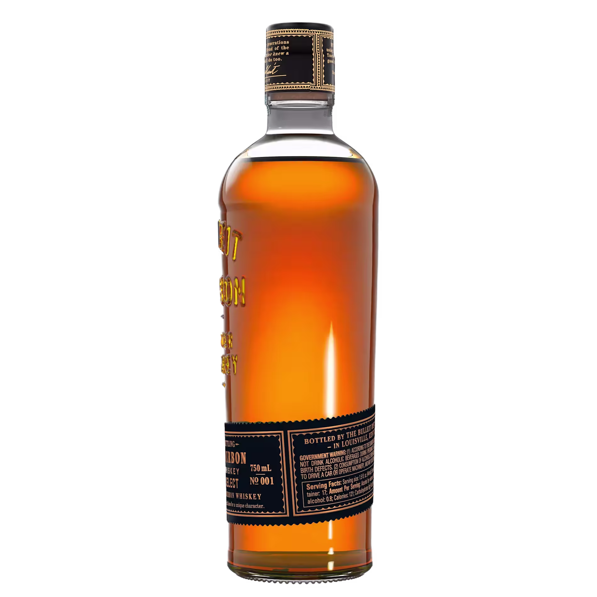 A clear glass bottle filled with amber-colored whiskey, featuring embossed text and a black label with gold lettering, shown against a black background.