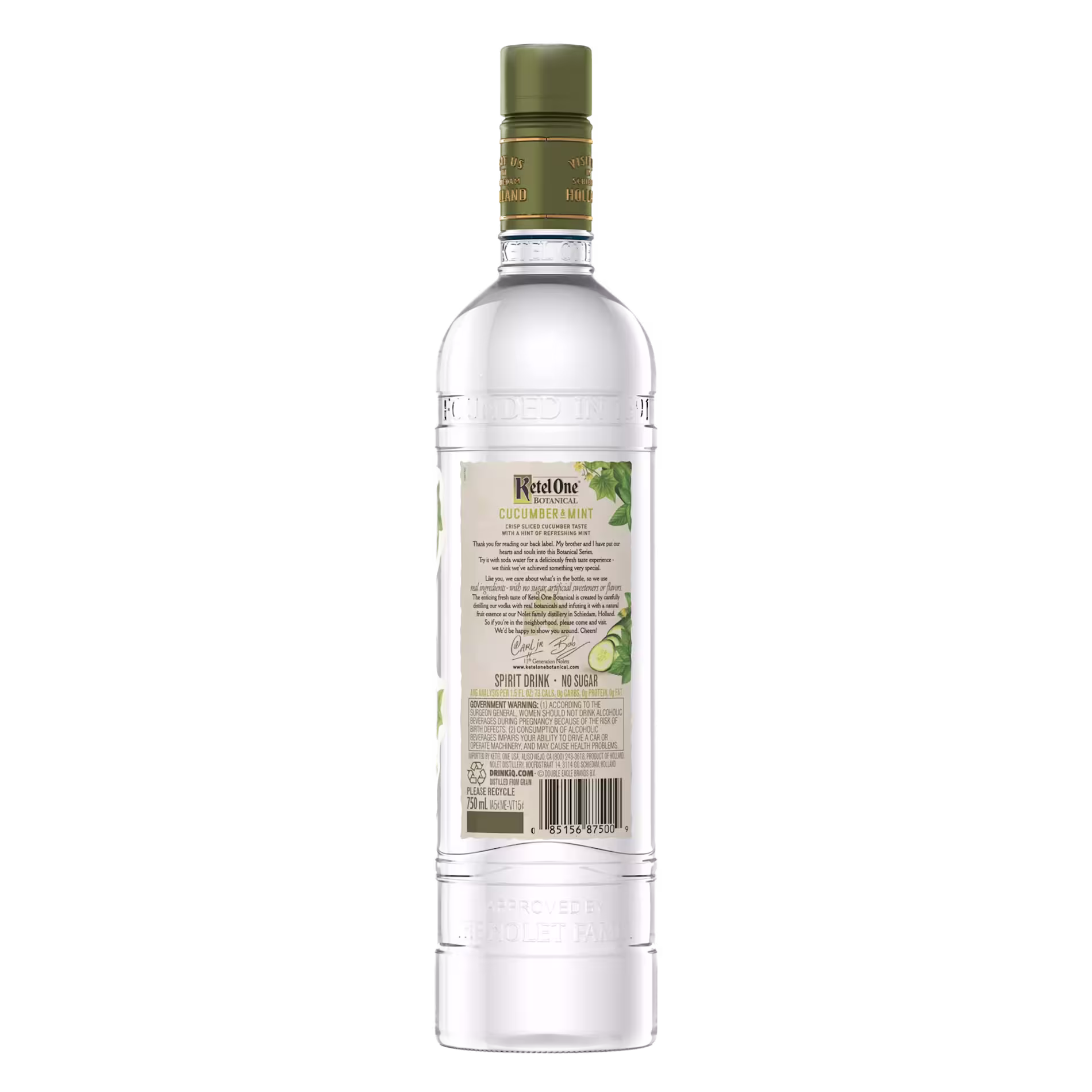 Back view of a clear glass Ketel One Cucumber & Mint vodka bottle, showing the label with product information and images of cucumber and mint leaves.