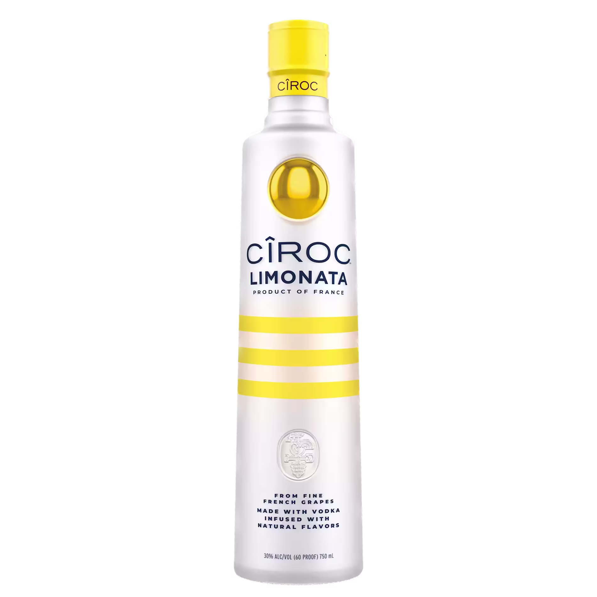 A bottle of Ciroc Limonata vodka featuring yellow accents and text highlighting lemon flavor, with Product of France and Infused with natural flavors on the label.