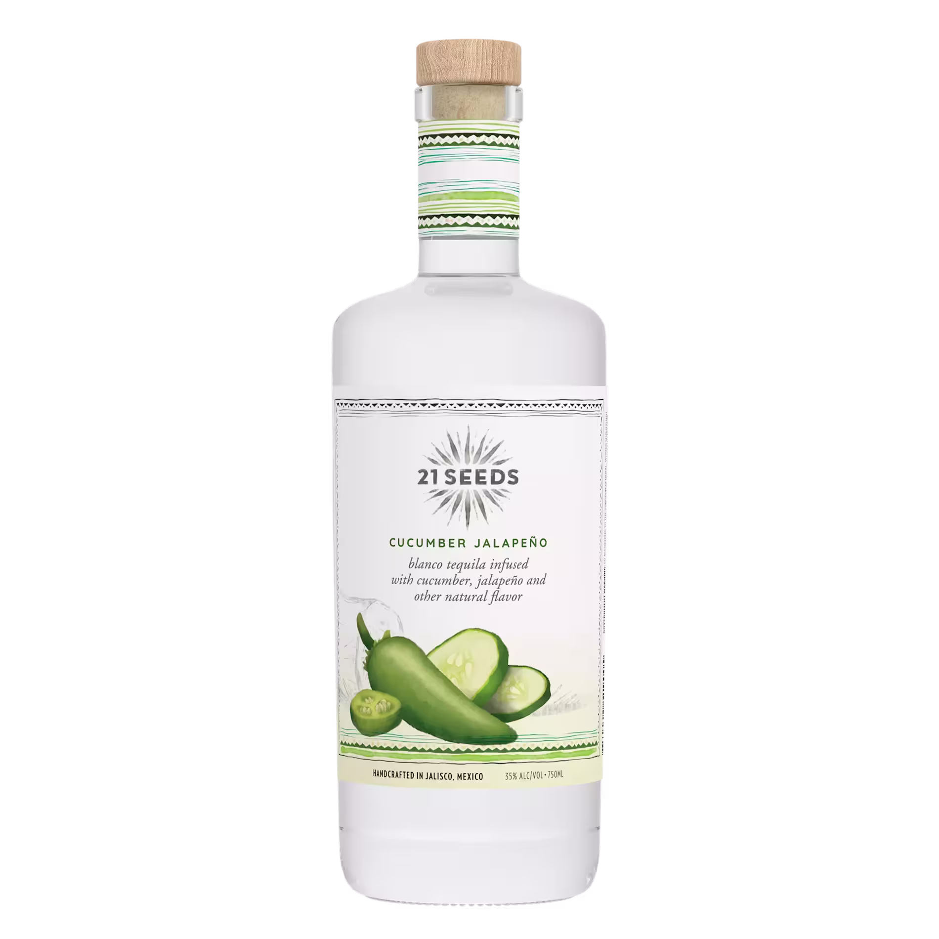A bottle of 21 Seeds Cucumber Jalapeño tequila with a label featuring images of cucumber slices and jalapeño peppers, and a wooden capped top.